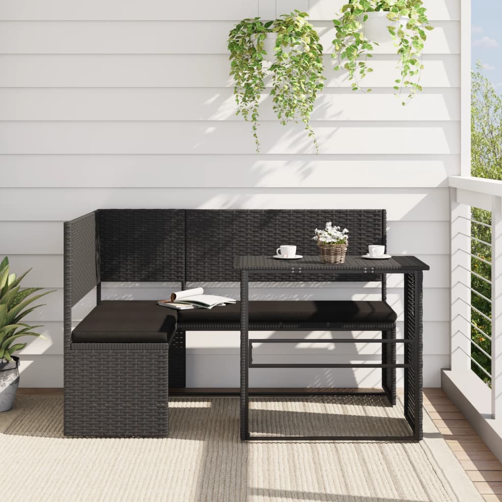 Vidaxl Patio Sofa With Table And Cushions L-Shaped Black Poly Rattan