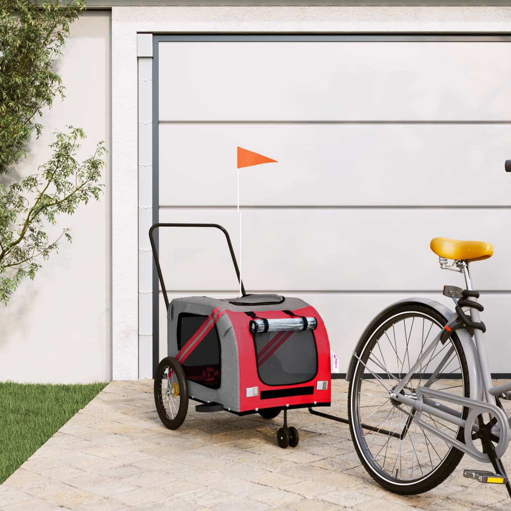 Vidaxl Pet Bike Trailer Red And Gray Oxford Fabric And Iron