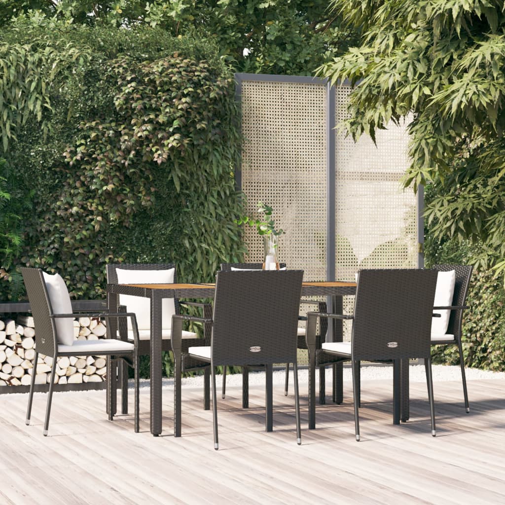 Vidaxl 7 Piece Patio Dining Set With Cushions Black Poly Rattan