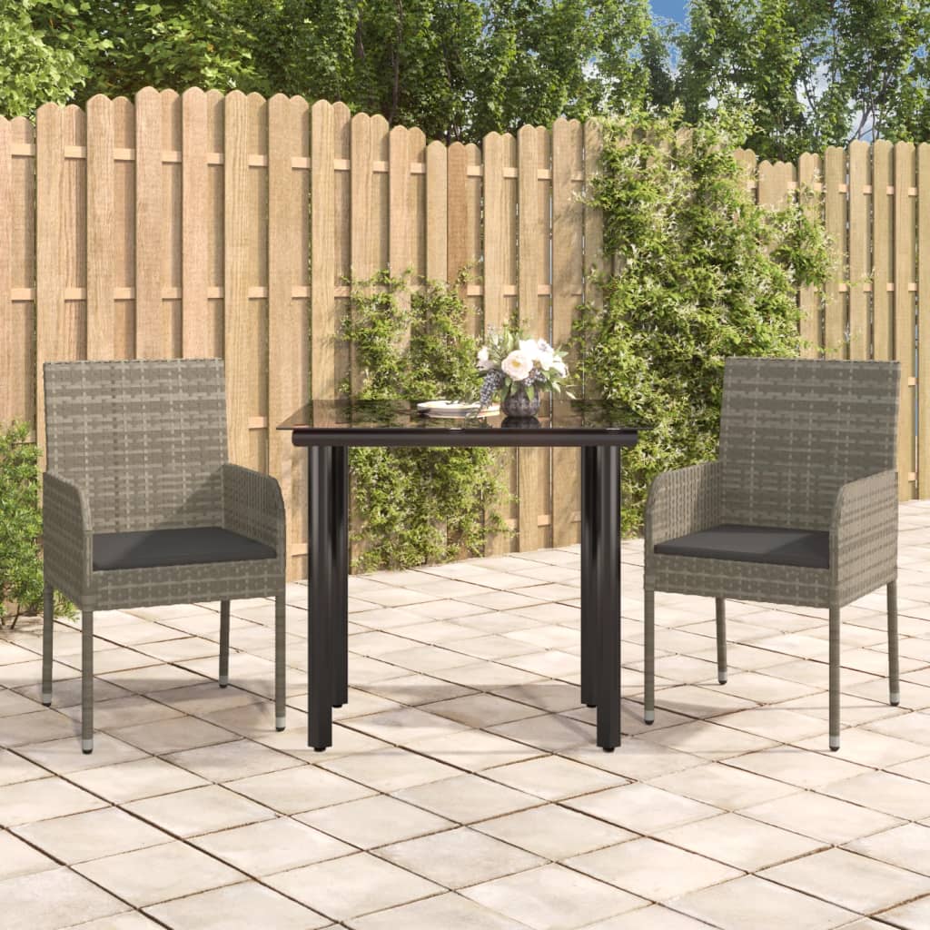 Vidaxl 3 Piece Patio Dining Set With Cushions Black And Gray Poly Rattan