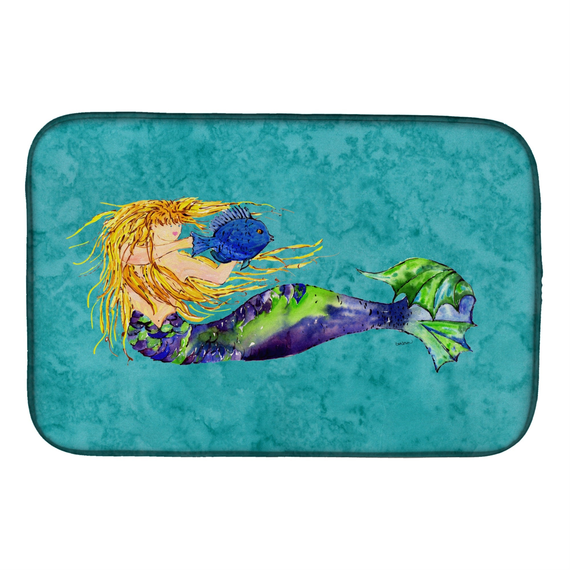 Caroline'S Treasures Blonde Mermaid On Teal Dish Drying Mat, 14 X 21, Multicolor