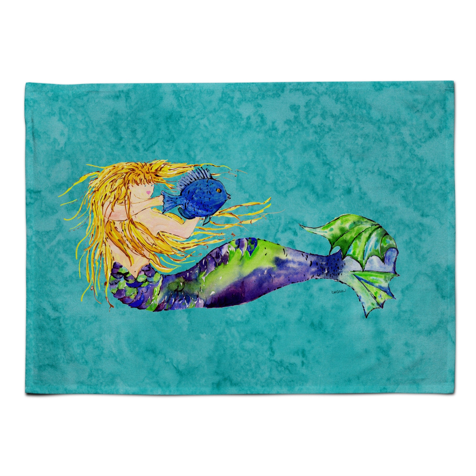 Caroline'S Treasures 8724Plmt Blonde Mermaid On Teal Fabric Placemat, Multicolor