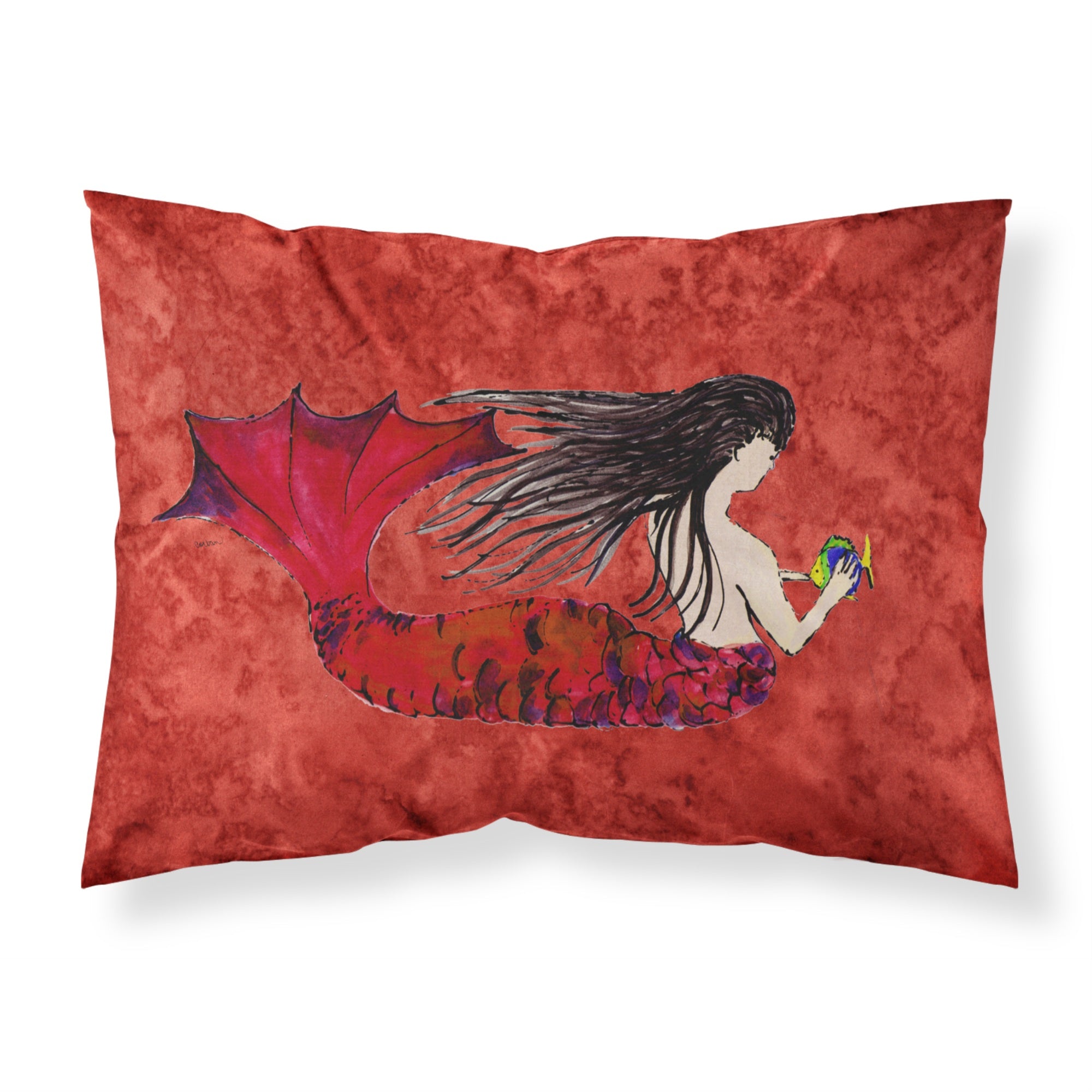 Caroline'S Treasures 8726Pillowcase Black Haired Mermaid On Red Fabric Standard Pillowcase, Large, Multicolor