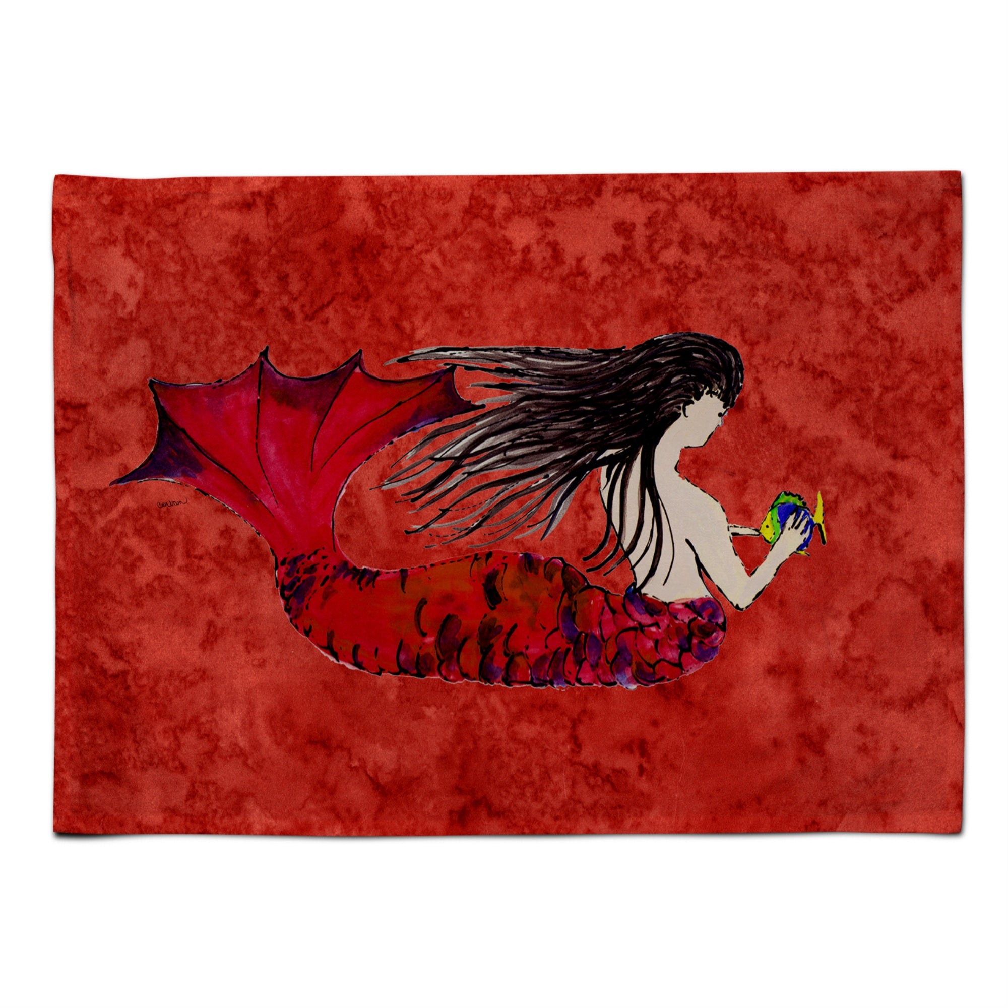 Caroline'S Treasures 8726Plmt Black Haired Mermaid On Red Fabric Placemat, Multicolor