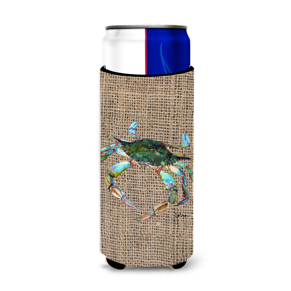 Blue Crab On Faux Burlap Ultra Beverage Insulators For Slim Cans 8731Muk
