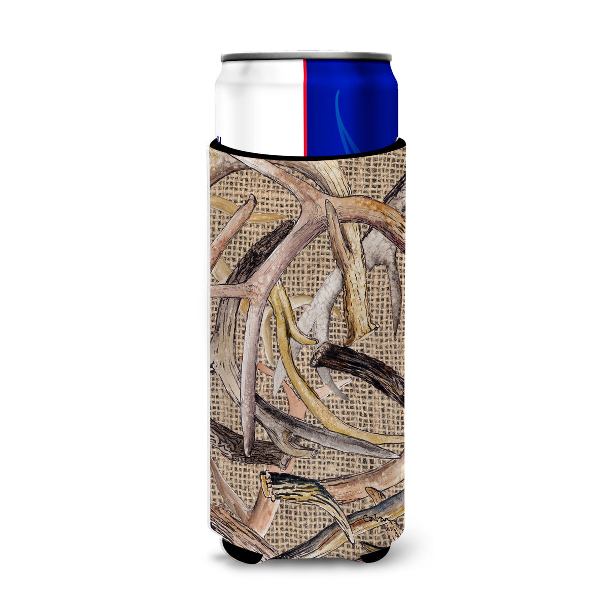 Deer Horns  On Faux Burlap Ultra Beverage Insulators For Slim Cans 8732Muk