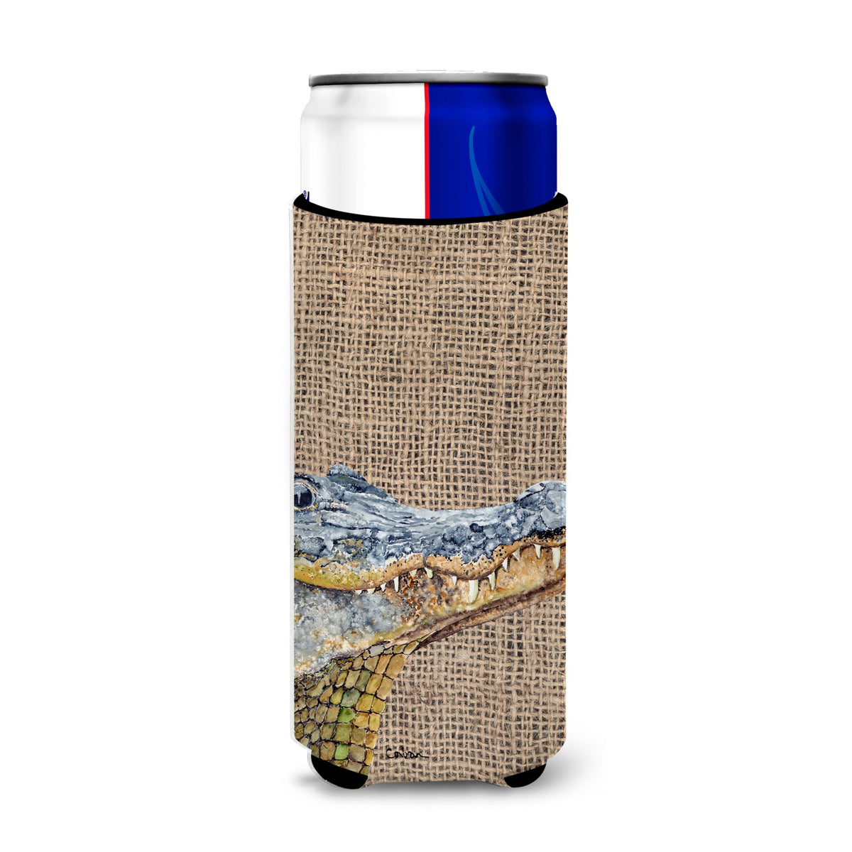 Alligator  On Faux Burlap Ultra Beverage Insulators For Slim Cans 8733Muk