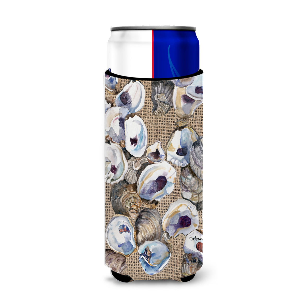Oyster  On Faux Burlap Ultra Beverage Insulators For Slim Cans 8734Muk