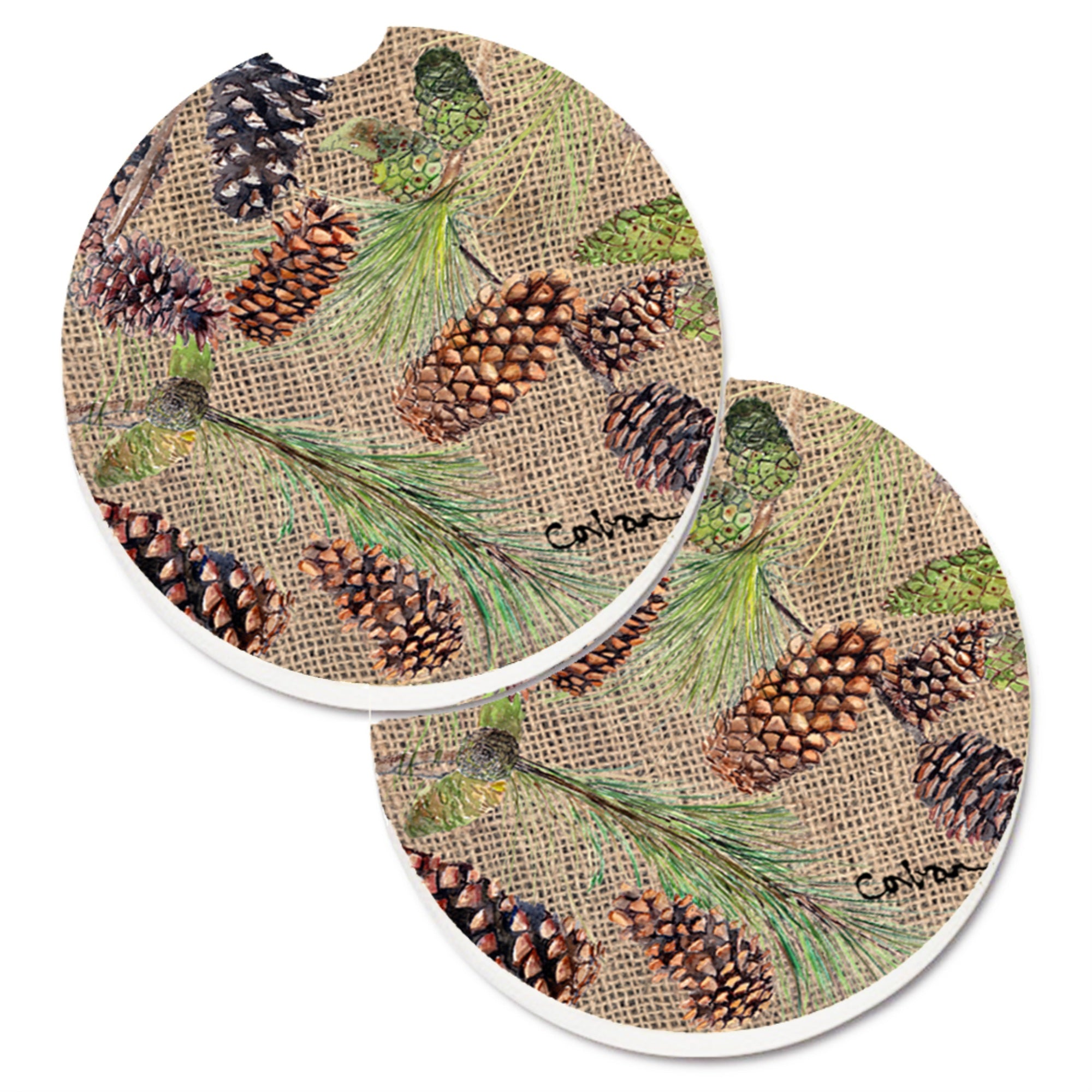 Caroline'S Treasures Pine Cones Set Of 2 Cup Holder Car Coasters 8735Carc, 2.56, Multicolor