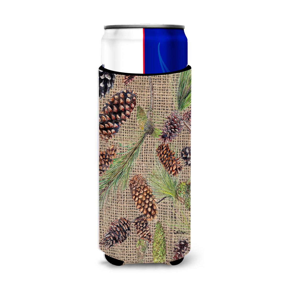 Pine Cones  On Faux Burlap Ultra Beverage Insulators For Slim Cans 8735Muk