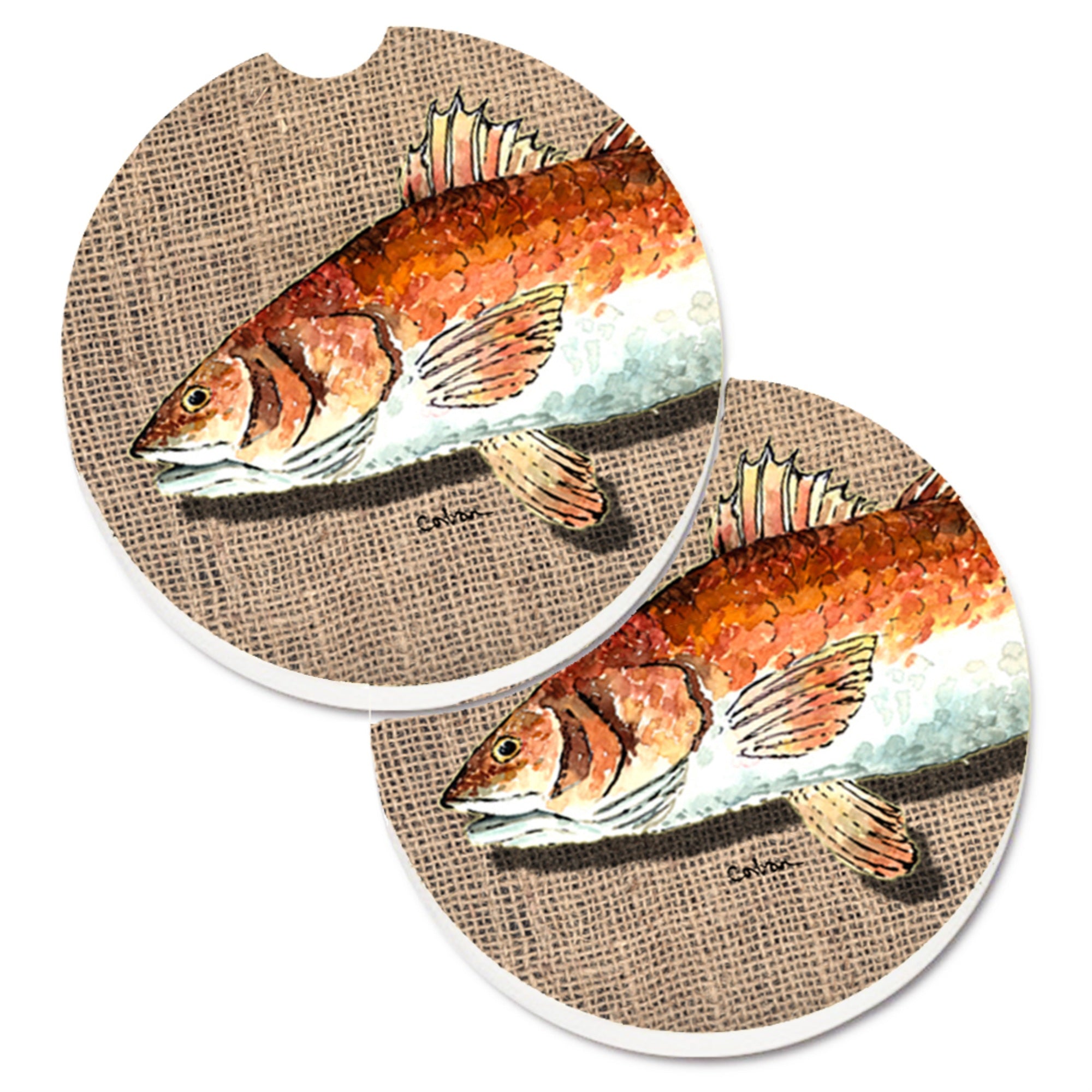 Caroline'S Treasures Red Fish Set Of 2 Cup Holder Car Coasters 8736Carc, 2.56, Multicolor