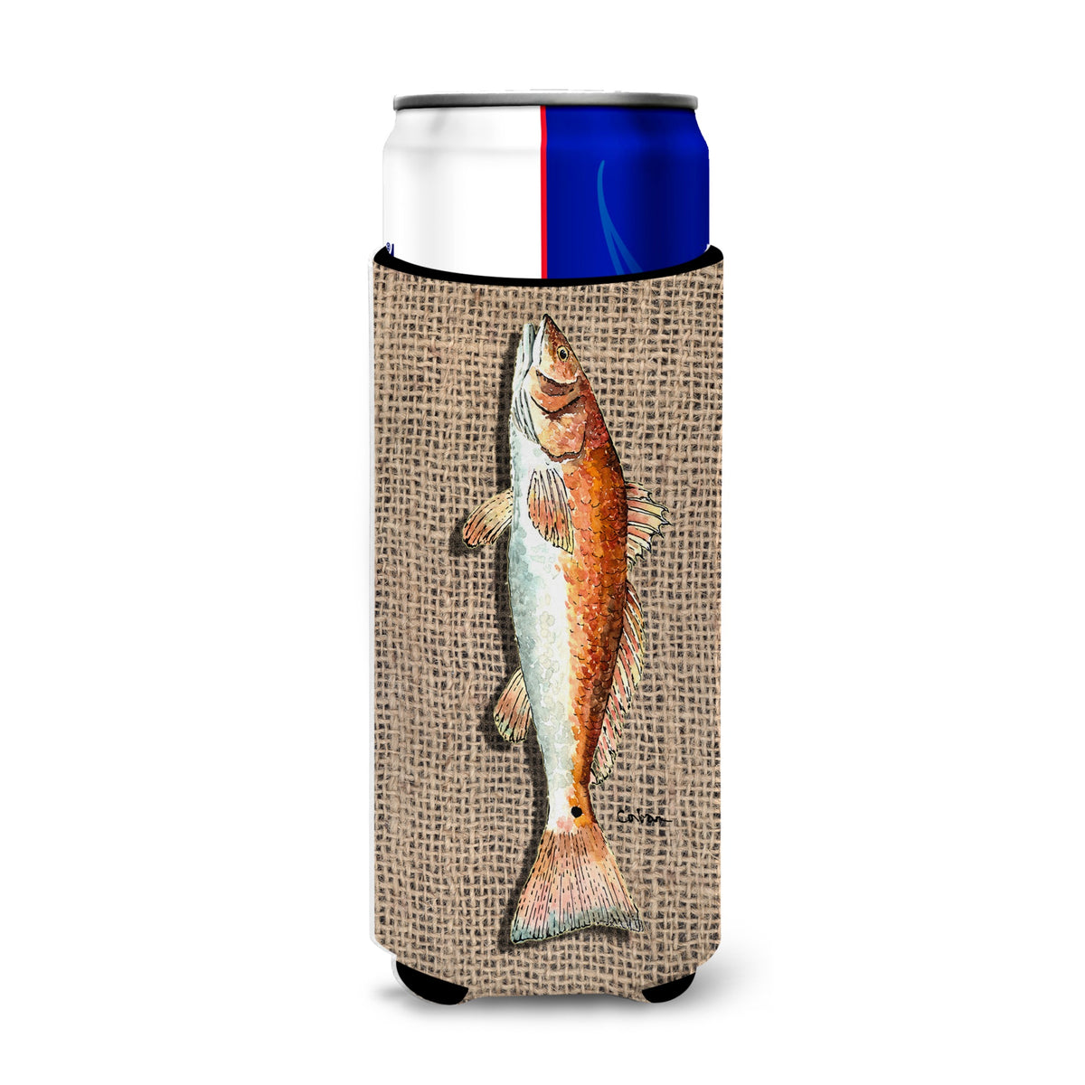 Fish Red Fish  On Faux Burlap Ultra Beverage Insulators For Slim Cans 8736Muk