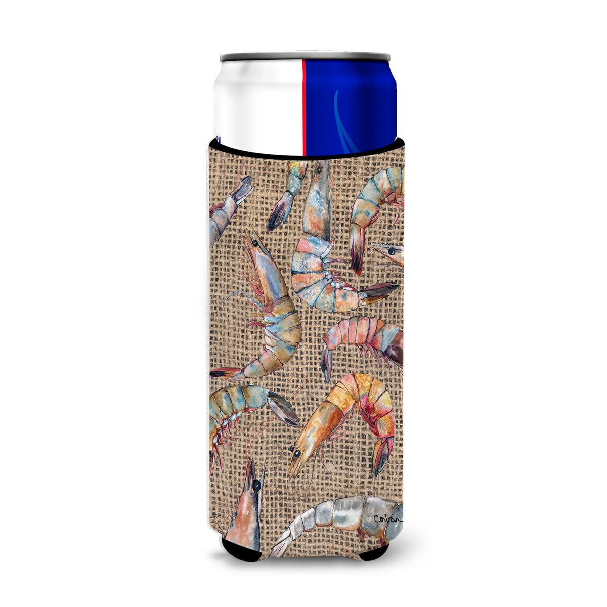 Shrimp  On Faux Burlap Ultra Beverage Insulators For Slim Cans 8738Muk