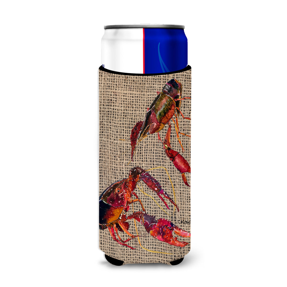 Crawfish  On Faux Burlap Ultra Beverage Insulators For Slim Cans 8739Muk