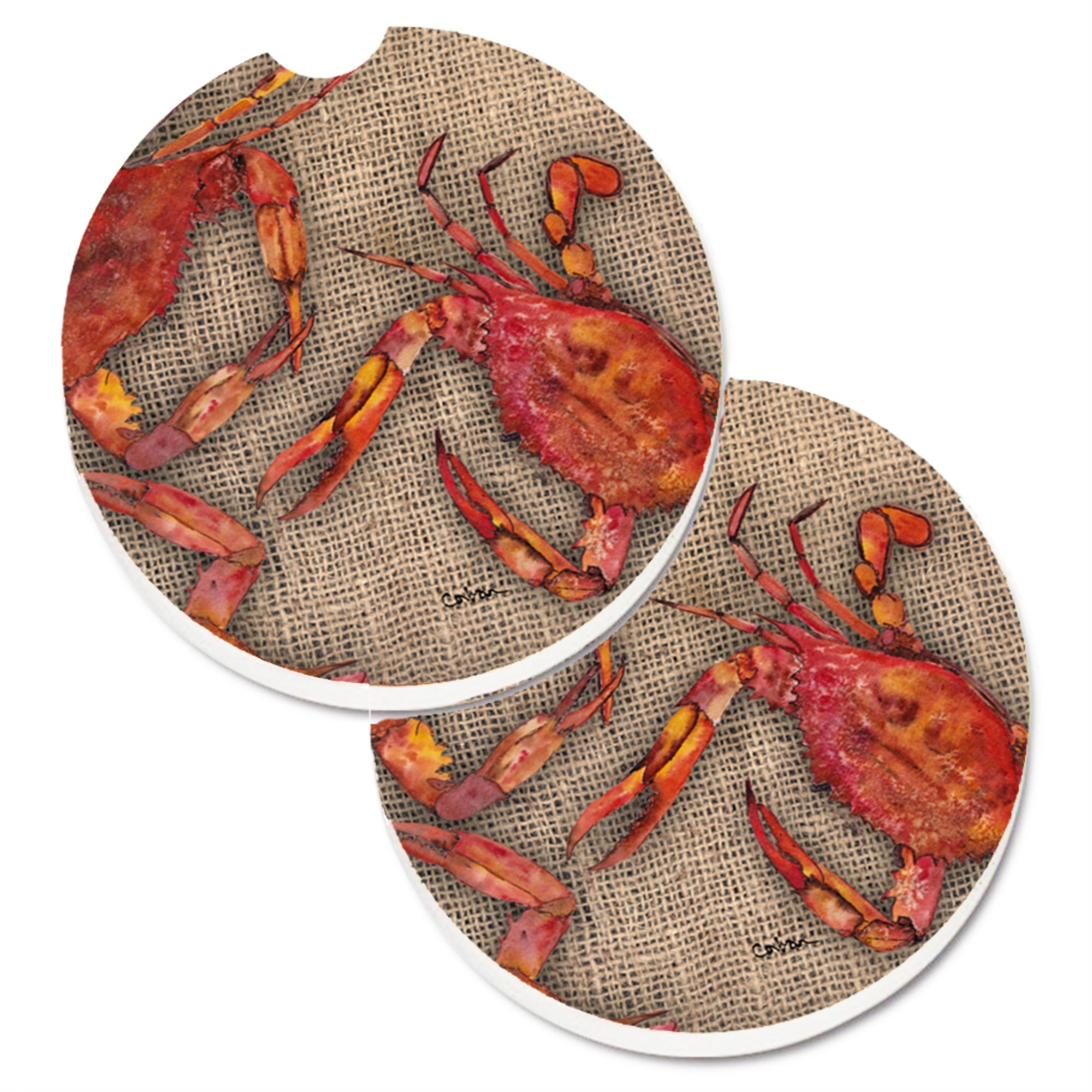 Caroline'S Treasures Cooked Crabs On Faux Burlap Set Of 2 Cup Holder Car Coasters 8742Carc, 2.56, Multicolor