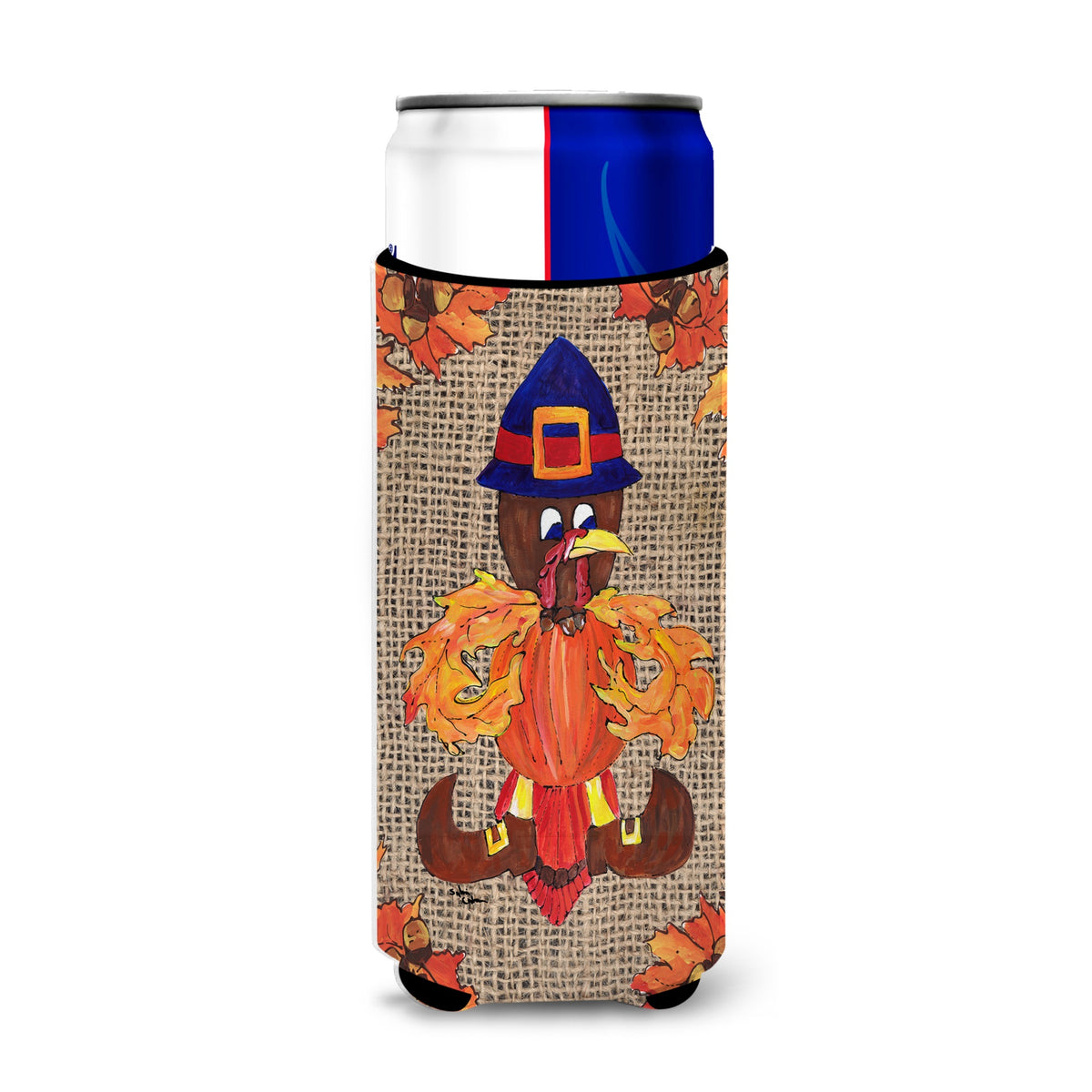 Thanksgiving Turkey Fleur De Lis On Faux Burlap Ultra Beverage Insulators For Slim Cans 8743Muk