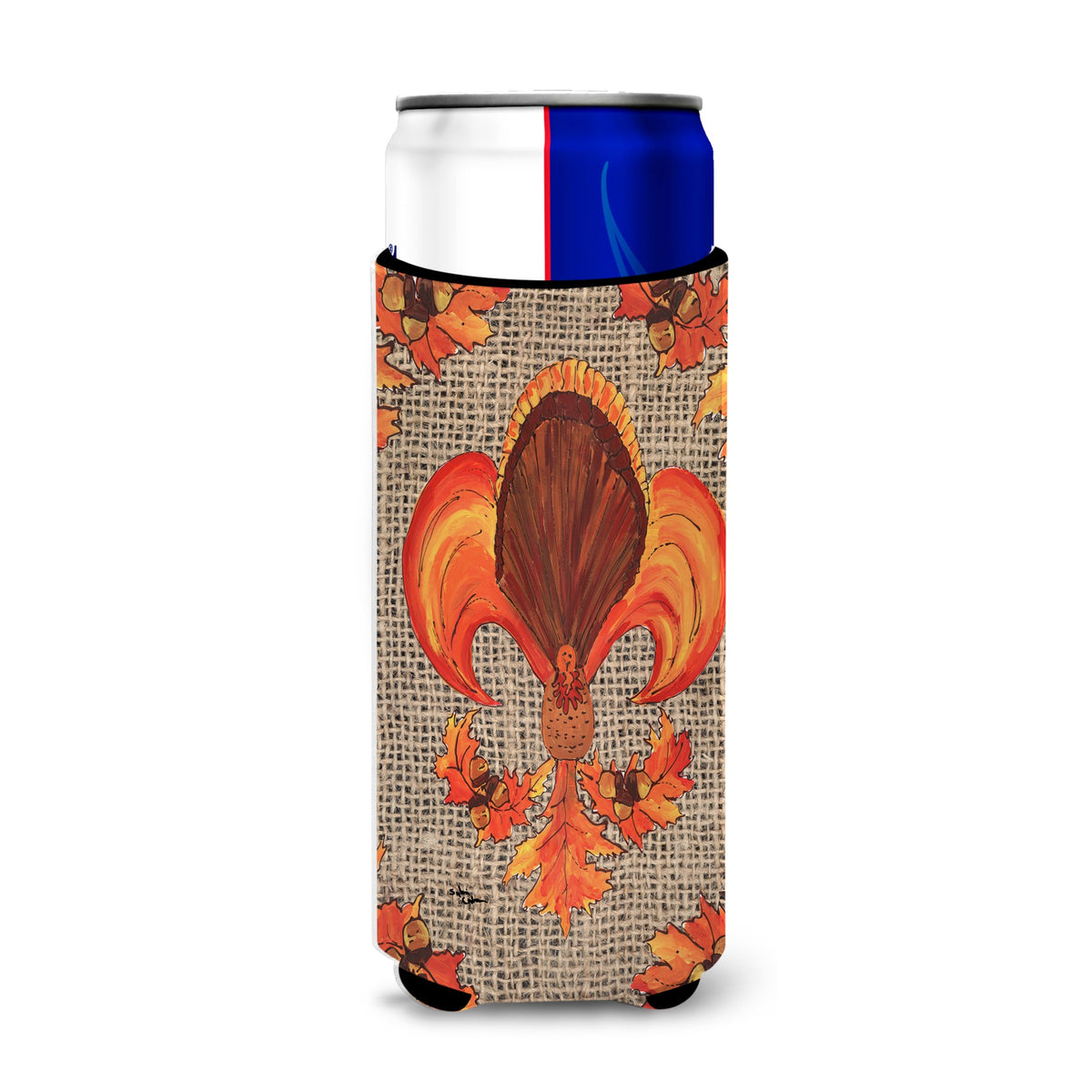 Thanksgiving Turkey Fleur De Lis  On Faux Burlap Ultra Beverage Insulators For Slim Cans 8744Muk