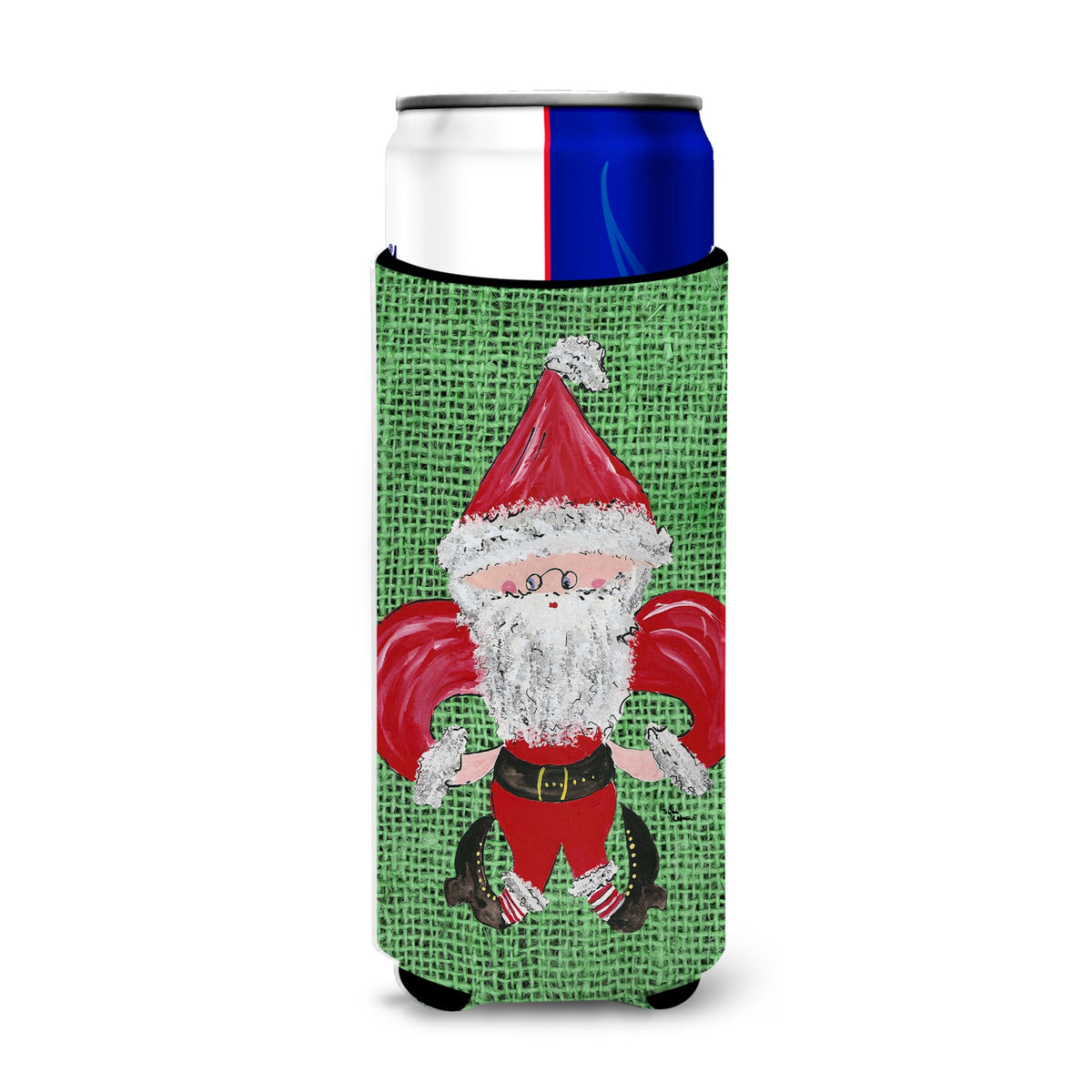 Christmas Santa Fleur De Lis On Faux Burlap Ultra Beverage Insulators For Slim Cans 8746Muk