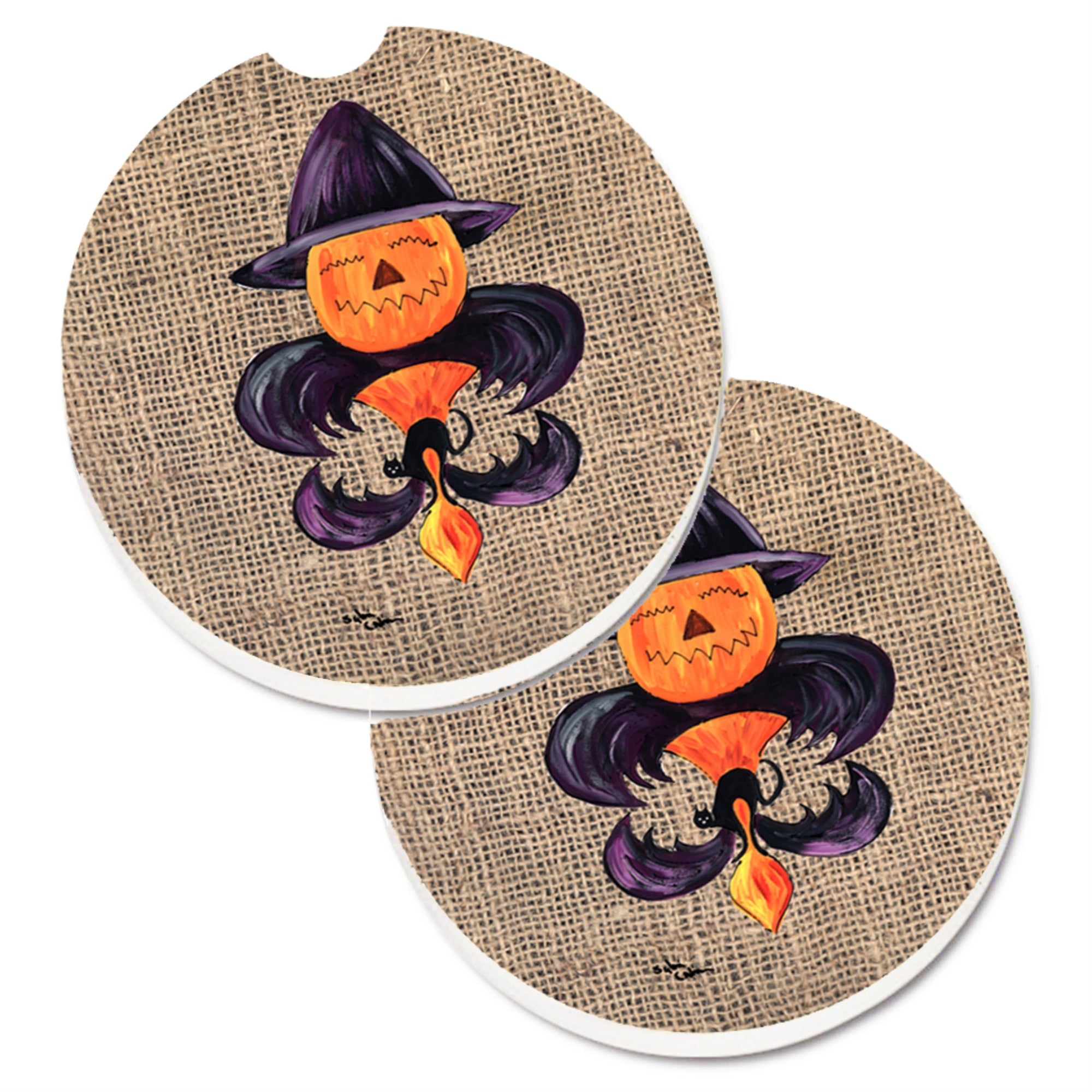 Caroline'S Treasures Halloween Pumpkin Bat Fleur De Lis Set Of 2 Cup Holder Car Coasters 8748Carc, 2.56, Multicolor