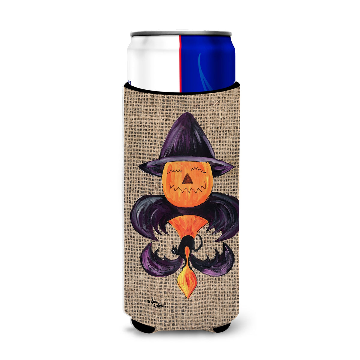 Halloween Pumpkin And Bat Fleur De Lis On Faux Burlap Ultra Beverage Insulators For Slim Cans 8748Muk