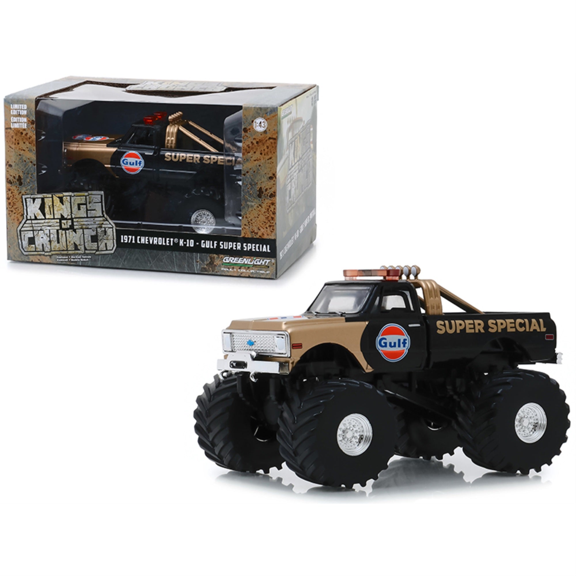 1971 Chevrolet K-10 Monster Truck 'Gulf Super Special' Black And Gold With 66-Inch Tires 'Kings Of Crunch' 1/43 Diecast Model Car By Greenlight
