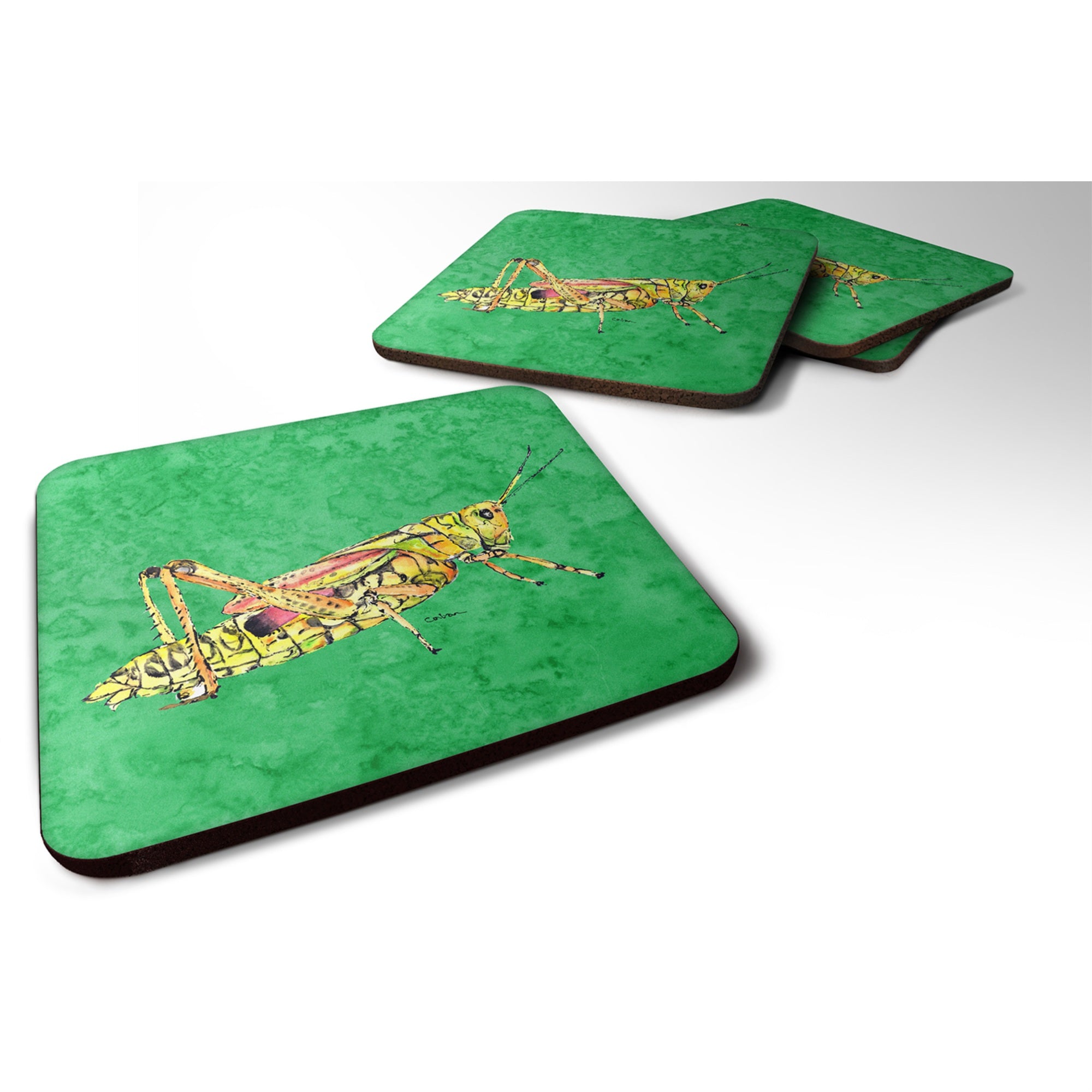 Caroline'S Treasures 8849Fc Grasshopper On Green Foam Coasters (Set Of 4), 3.5 H X 3.5 W, Multicolor