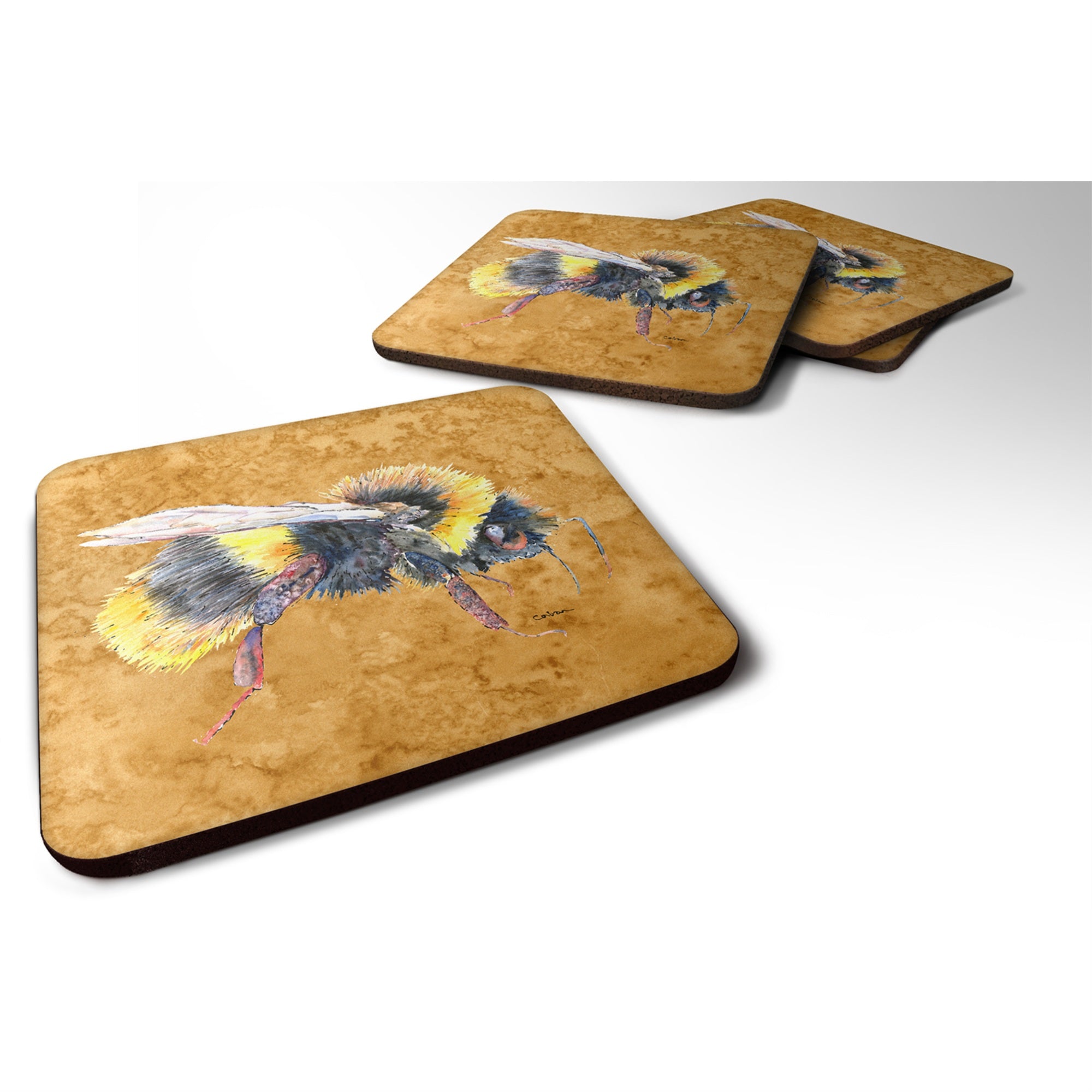 Caroline'S Treasures 8850Fc Bee On Gold Foam Coasters (Set Of 4), 3.5 H X 3.5 W, Multicolor
