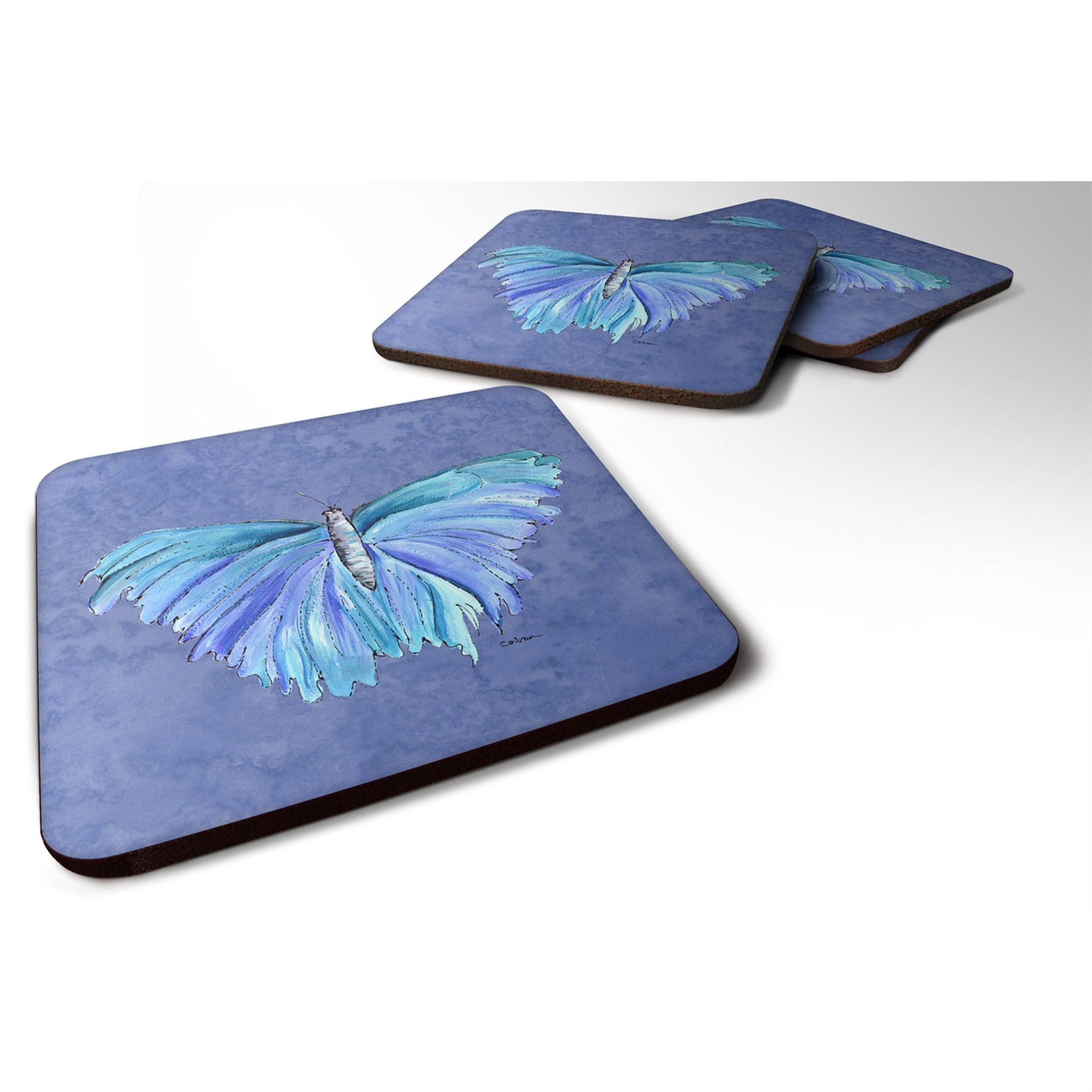 Caroline'S Treasures 8855Fc Butterfly On Slate Blue Foam Coasters (Set Of 4), 3.5 H X 3.5 W, Multicolor