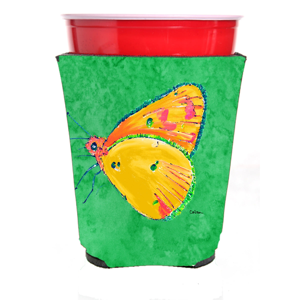 Butterfly Orange On Green Red Solo Cup Beverage Insulator Hugger