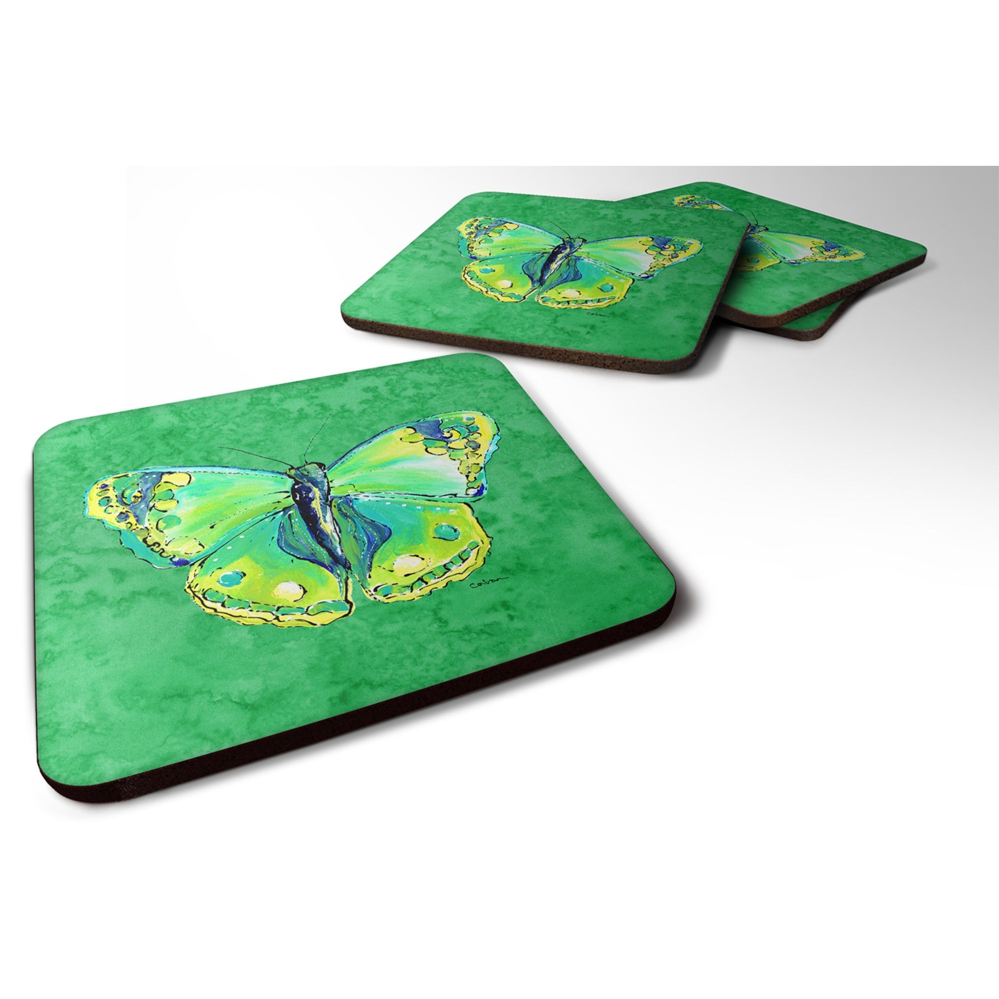 Caroline'S Treasures 8863Fc Butterfly Green On Green Foam Coasters (Set Of 4), 3.5 H X 3.5 W, Multicolor
