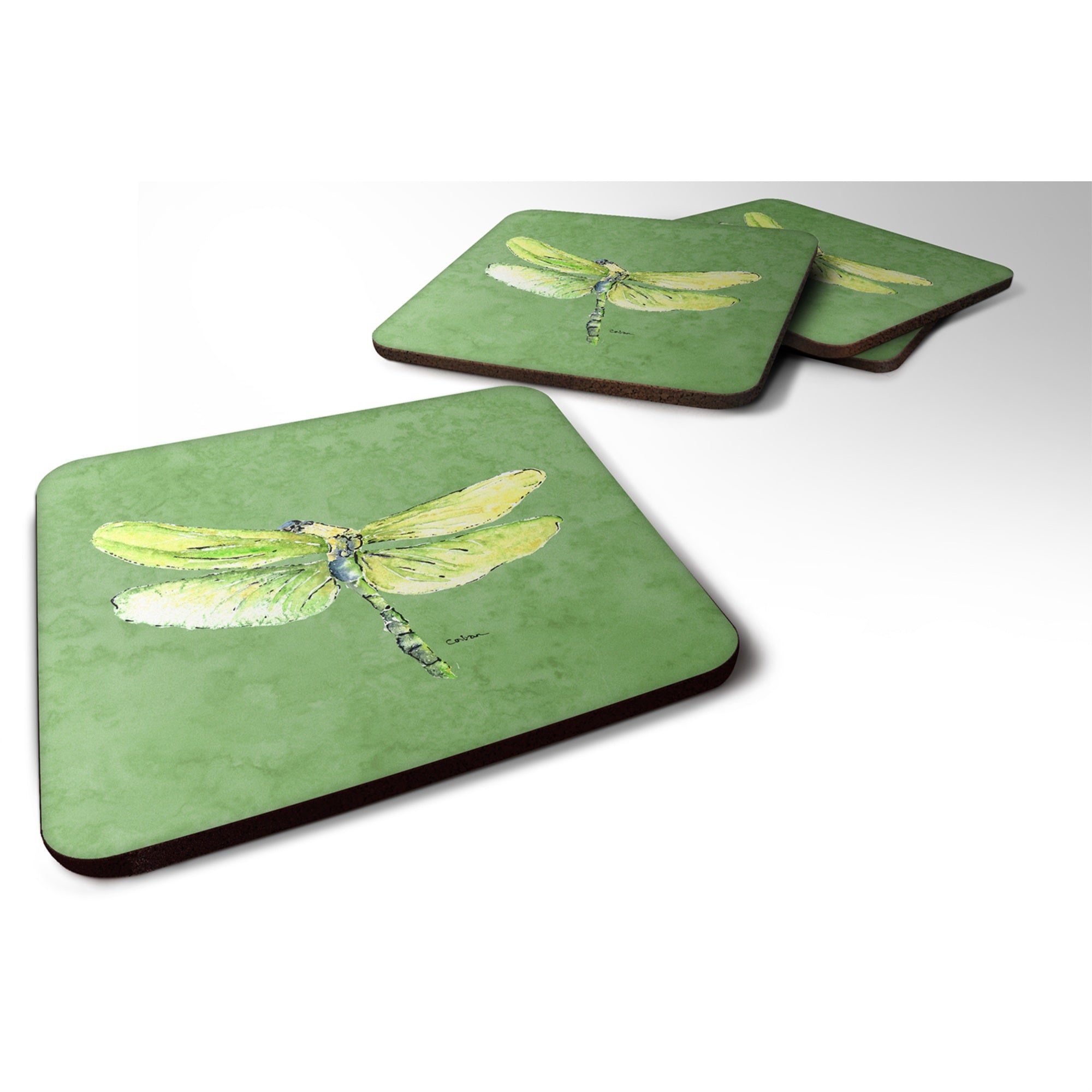 Caroline'S Treasures 8864Fc Dragonfly On Avacado Foam Coasters (Set Of 4), 3.5 H X 3.5 W, Multicolor