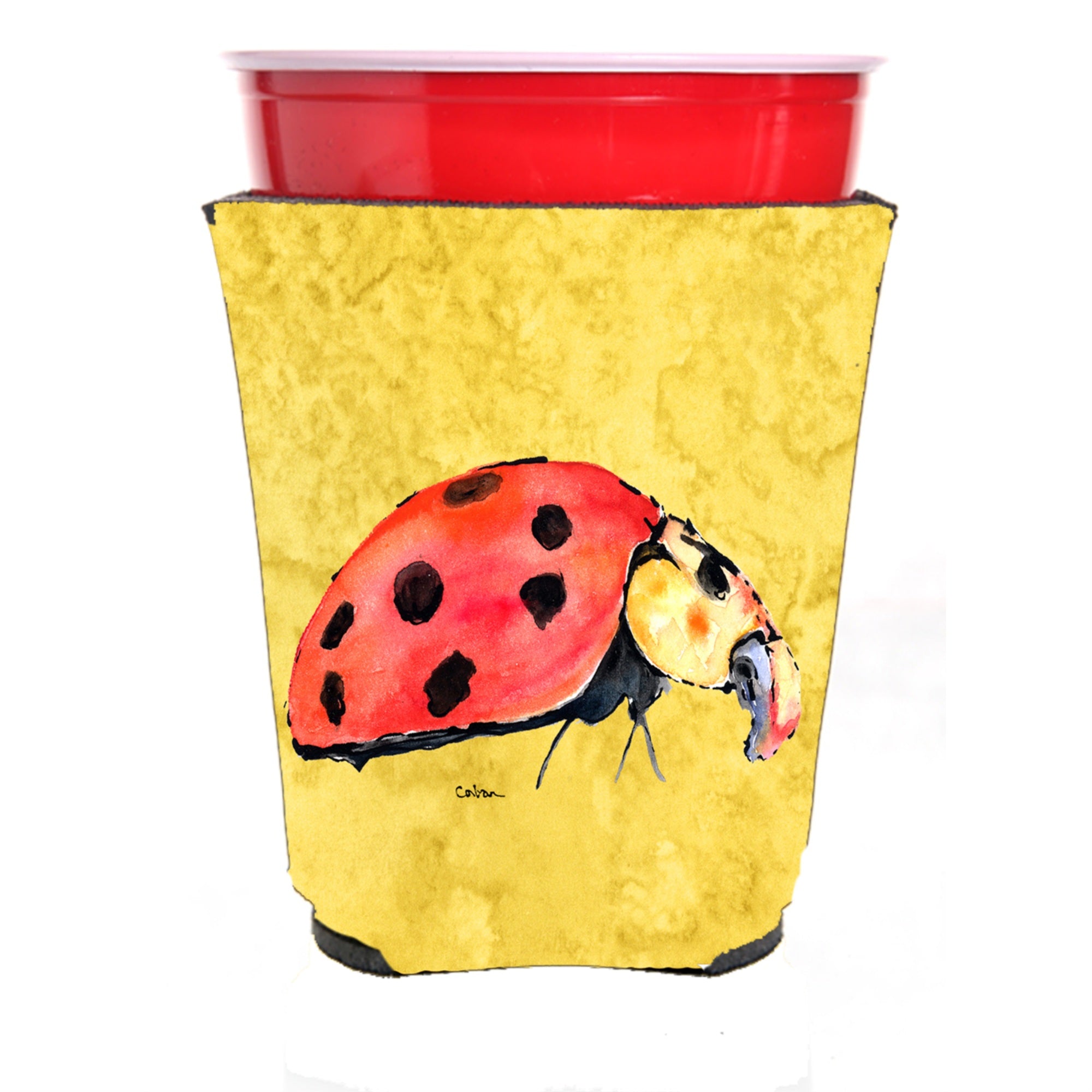 Lady Bug On Yellow Red Solo Cup Beverage Insulator Hugger