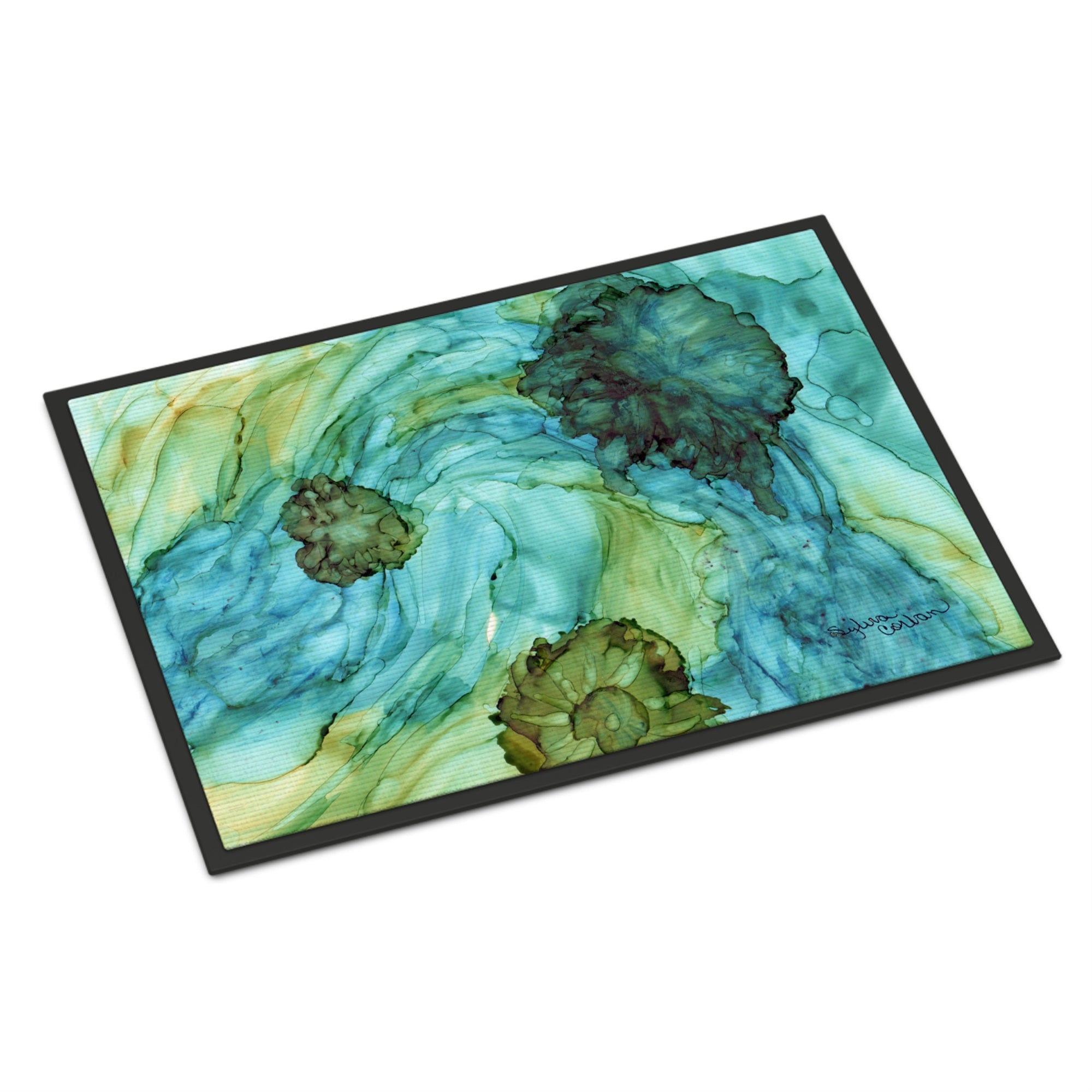 Caroline'S Treasures 8952Jmat Abstract In Teal Flowers Indoor Or Outdoor Mat, 24 X 36, Multicolor