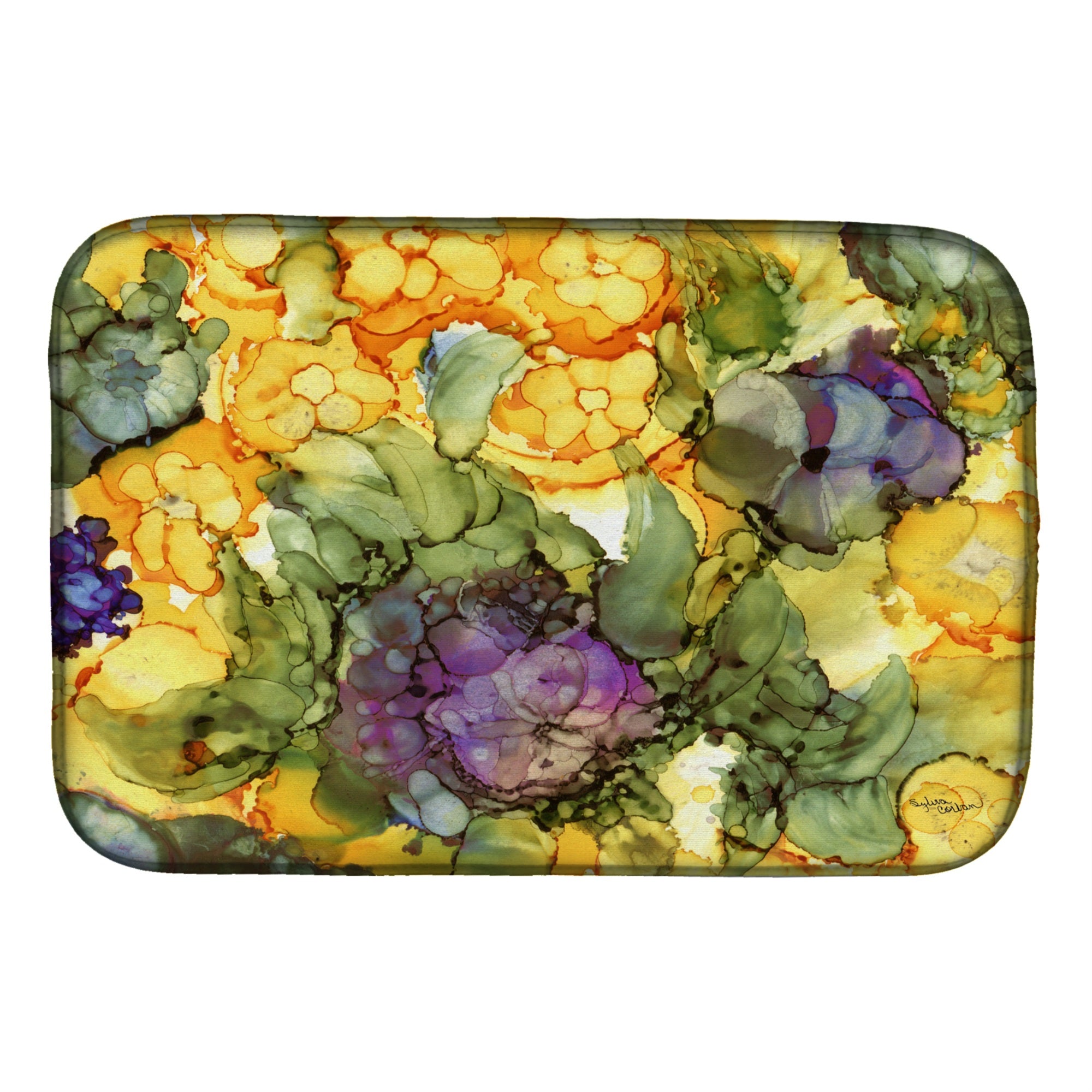 Caroline'S Treasures Abstract Flowers Purple And Yellow Dish Drying Mat, 14 X 21, Multicolor