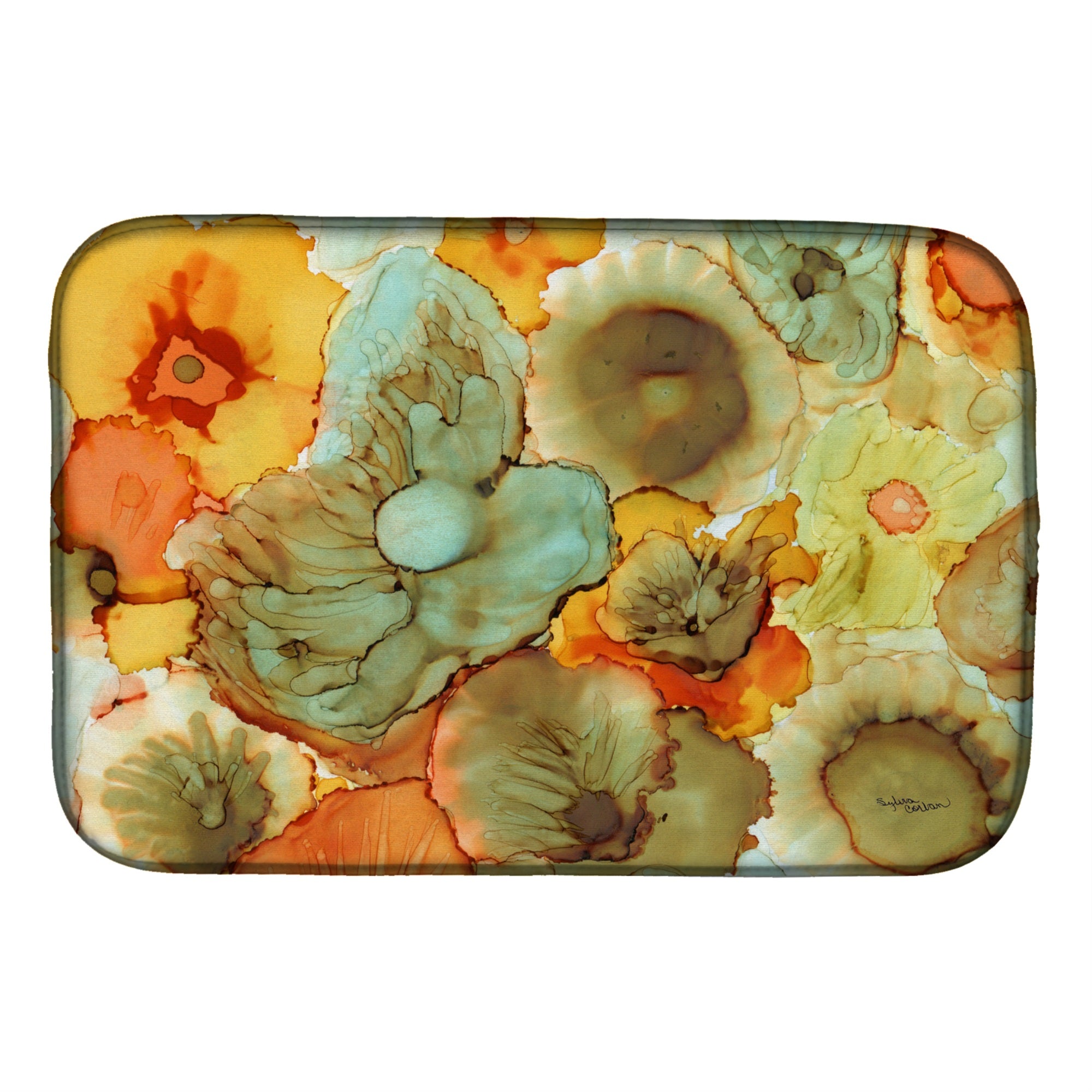 Caroline'S Treasures Abstract Flowers Teal And Orange Dish Drying Mat, 14 X 21, Multicolor