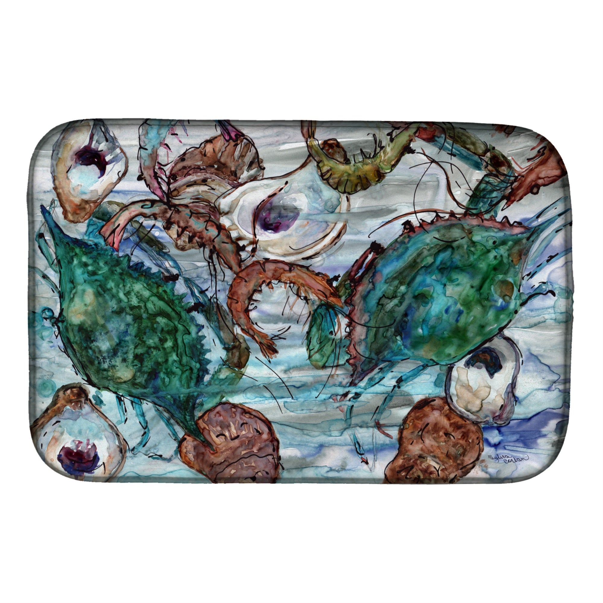 Caroline'S Treasures Shrimp, Crabs And Oysters In Water Dish Drying Mat, 14 X 21, Multicolor