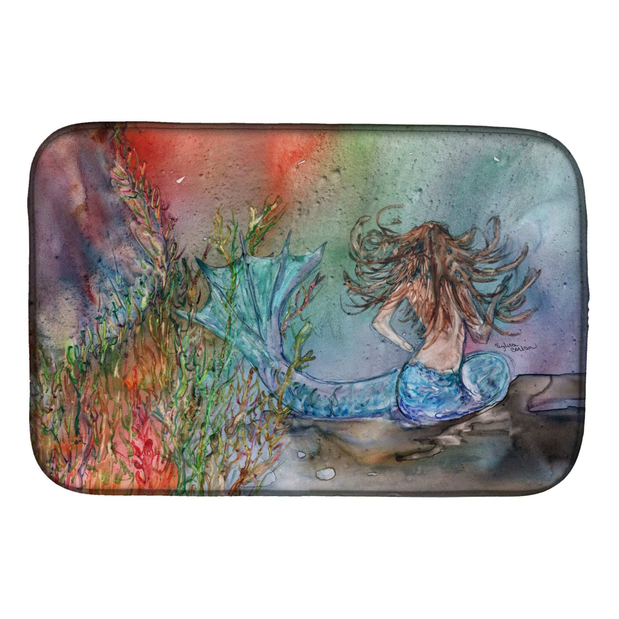 Caroline'S Treasures Brunette Mermaid Water Fantasy Dish Drying Mat, 14 X 21, Multicolor