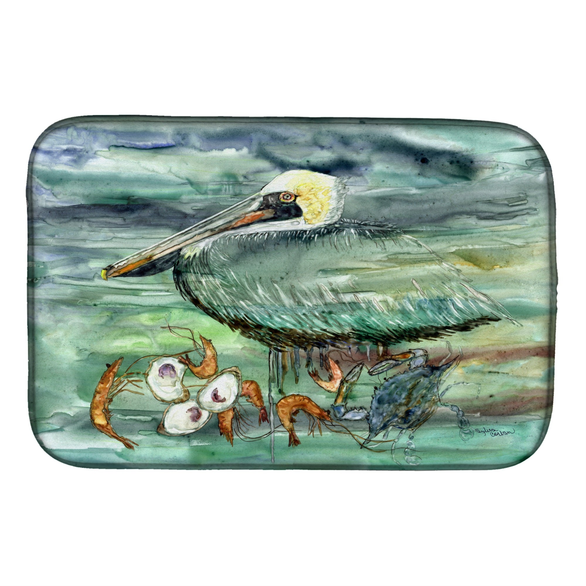 Caroline'S Treasures Watery Pelican, Shrimp, Crab And Oysters Dish Drying Mat, 14 X 21, Multicolor