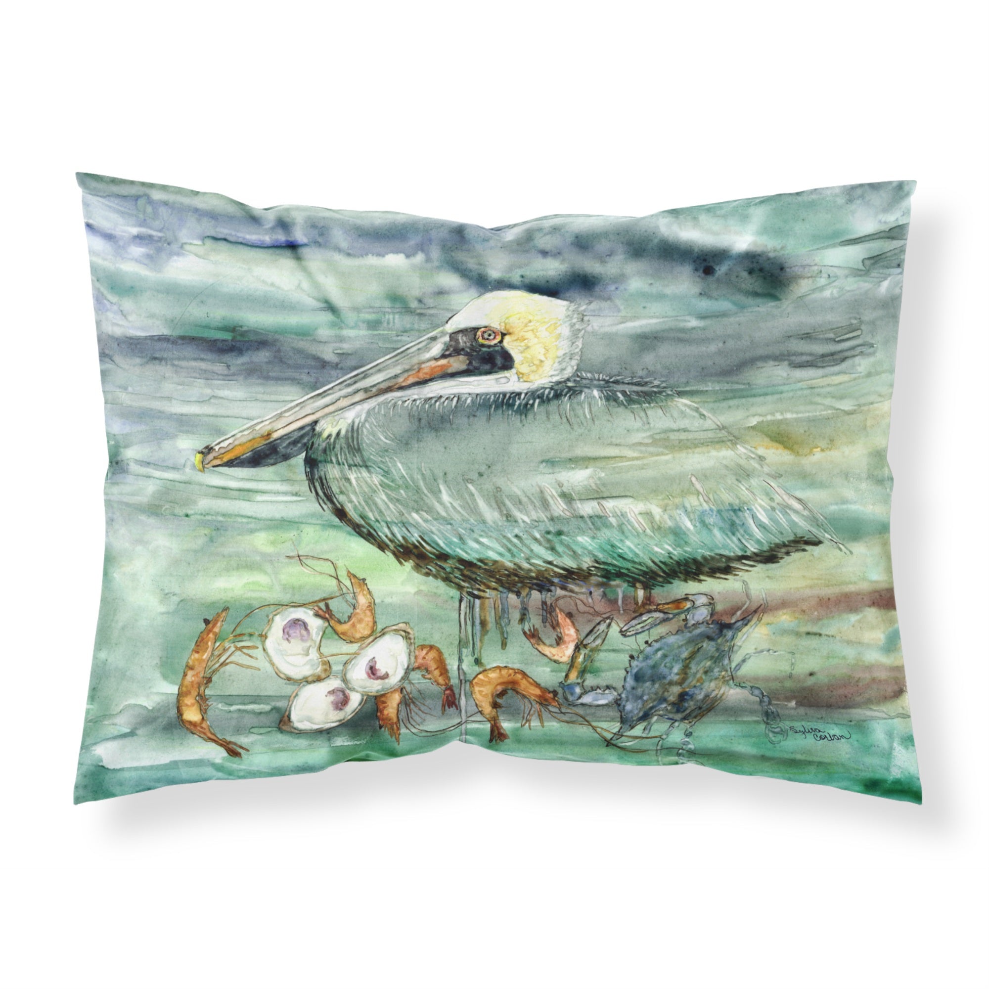 Caroline'S Treasures Watery Pelican, Shrimp, Crab And Oysters Fabric Standard Pillowcase 8978Pillowcase, Multicolor