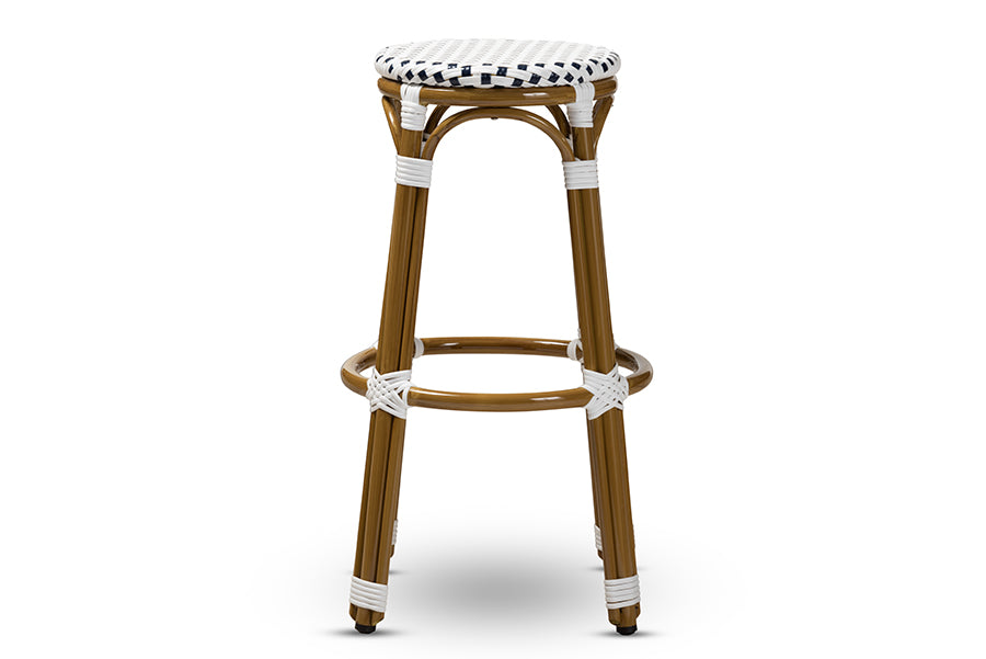 Baxton Studio Joelle Classic French Indoor And Outdoor Navy And White Bamboo Style Stackable Bistro Bar Stool