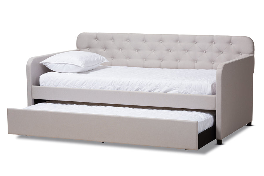 Baxton Studio Camelia Modern And Contemporary Beige Fabric Upholstered Button-Tufted Twin Size Sofa Daybed With Roll-Out Trundle