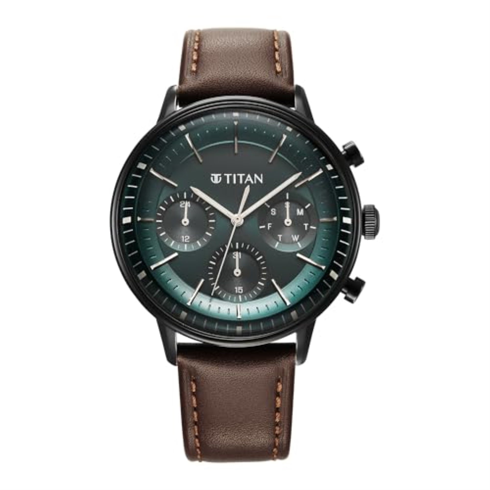 Titan Light Leathers Quartz Multifunction Black Dial Leather Strap Watch for Men-90171NL01