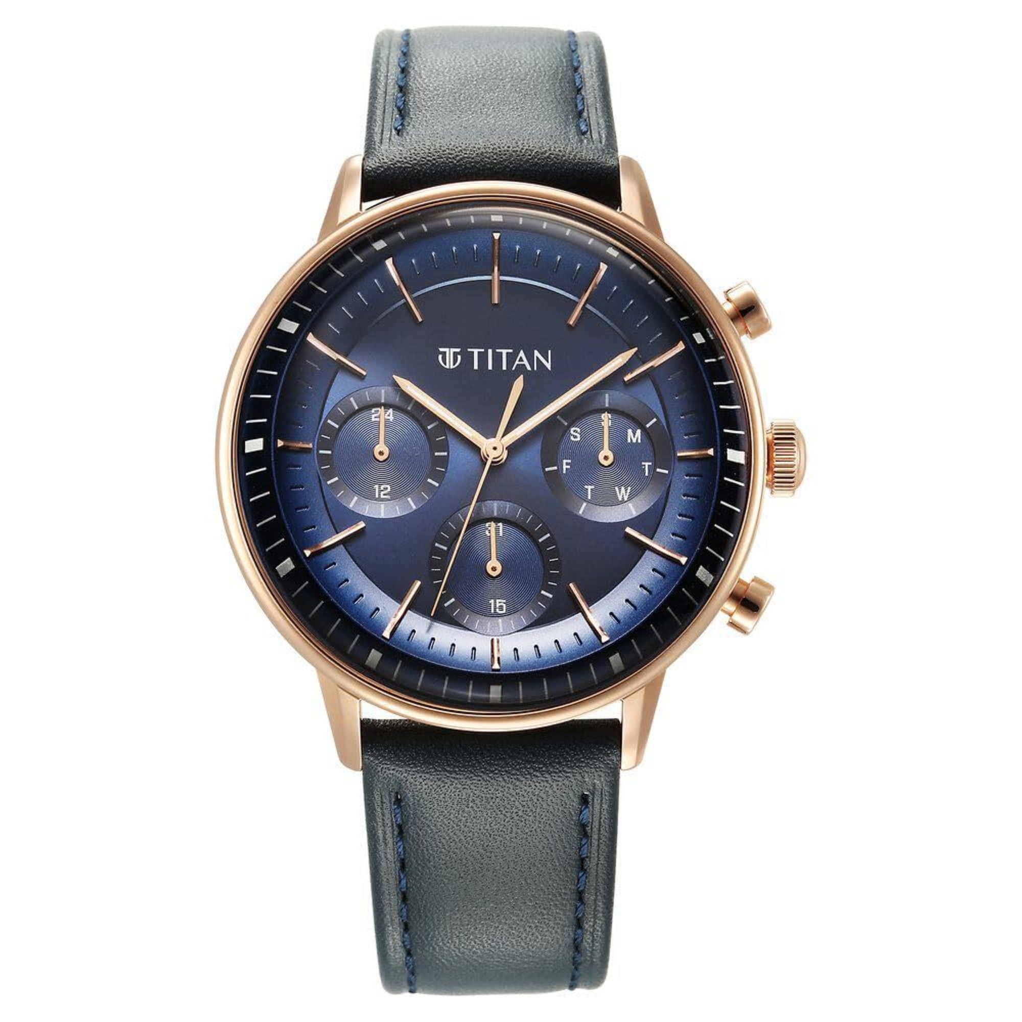 Titan Light Leathers Quartz Multifunction Blue Dial Stainless Steel Strap Watch for Men-90171WL01