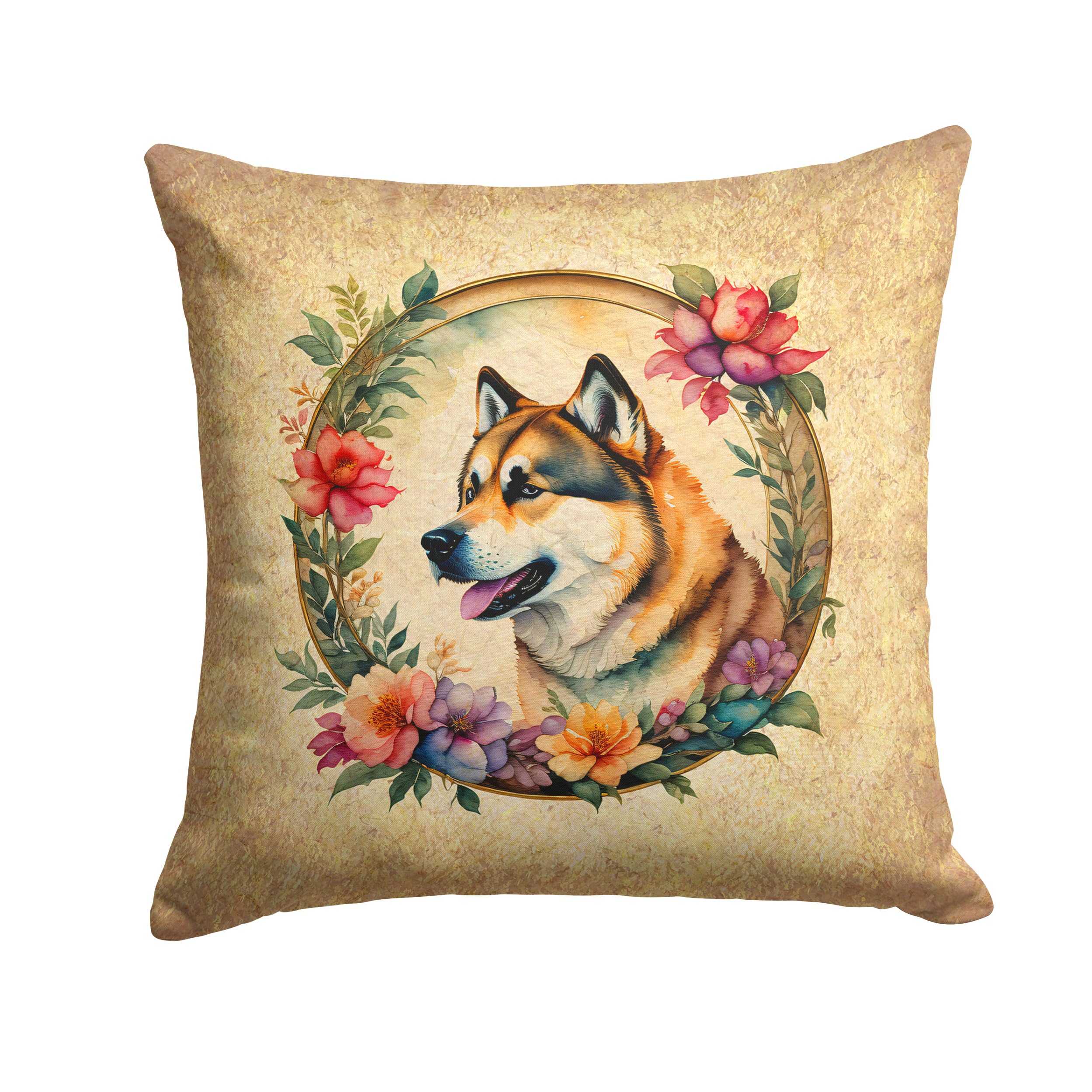 Akita And Flowers Throw Pillow