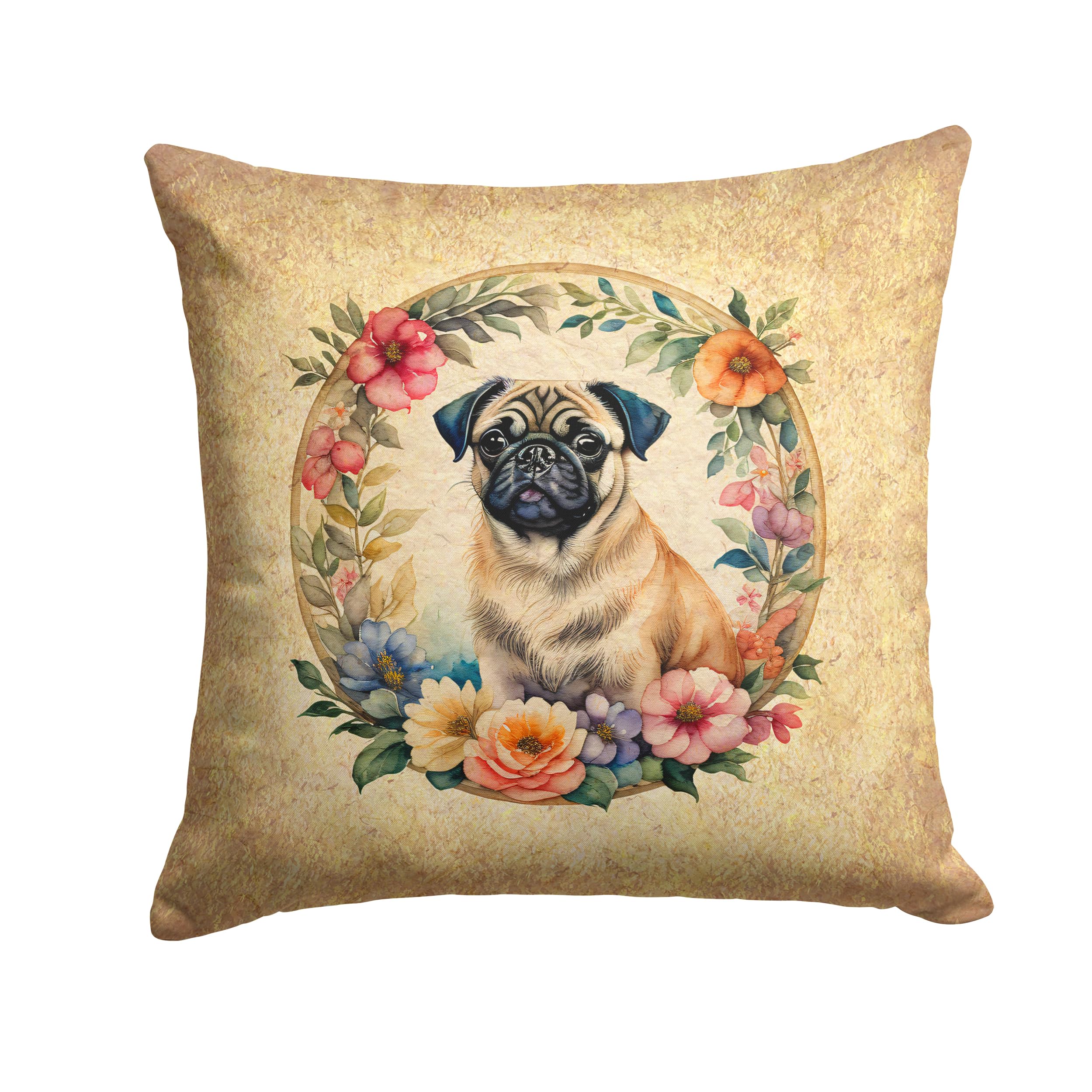 Fawn Pug And Flowers Throw Pillow