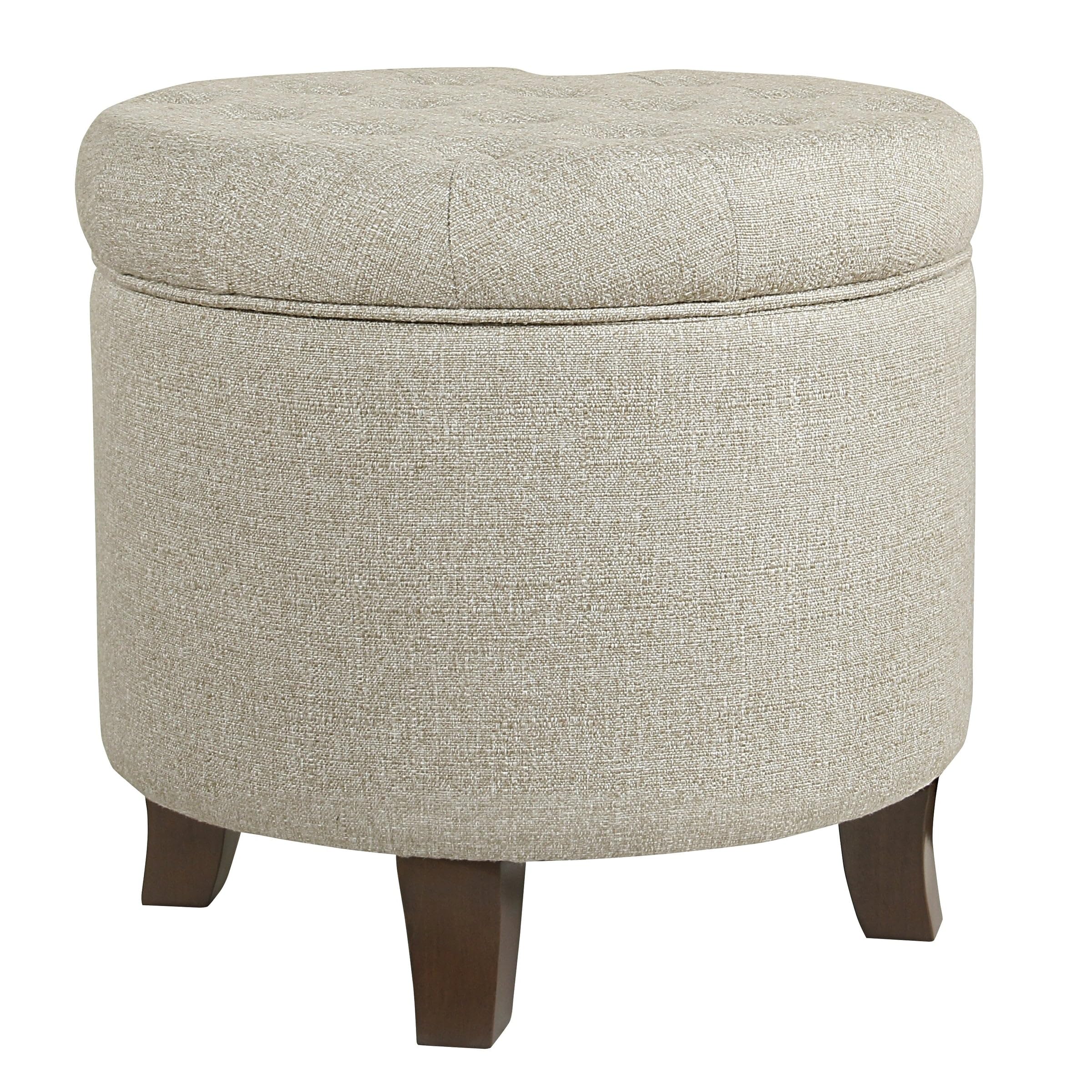 Textured Woven Fabric Upholstered Round Ottoman with Lift Top Storage, Beige and Brown