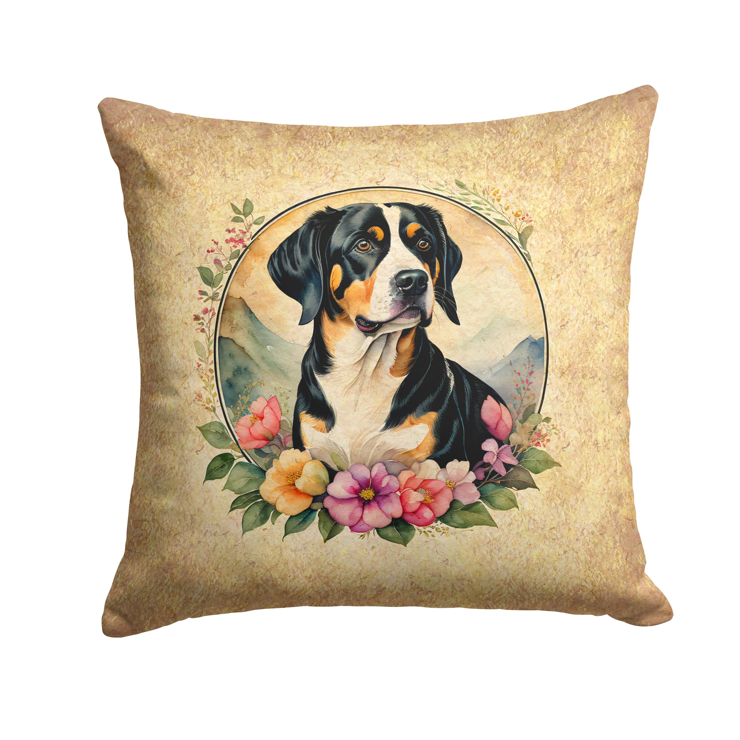 Entlebucher Mountain Dog and Flowers Throw Pillow