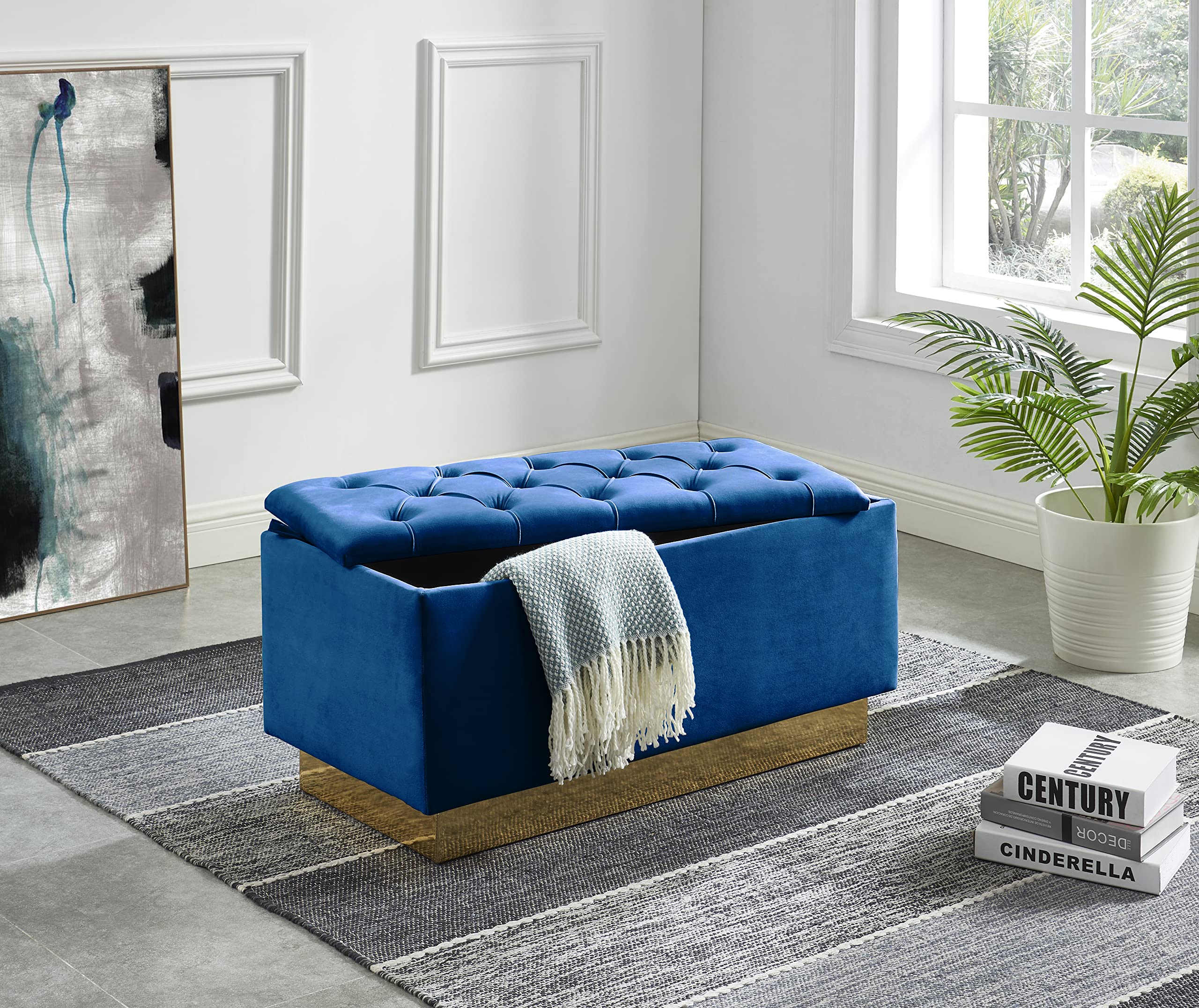 Hi-Line Gift Ltd 96161-NB Navy Blue Button-Tufted Storage Ottoman with Gold Base