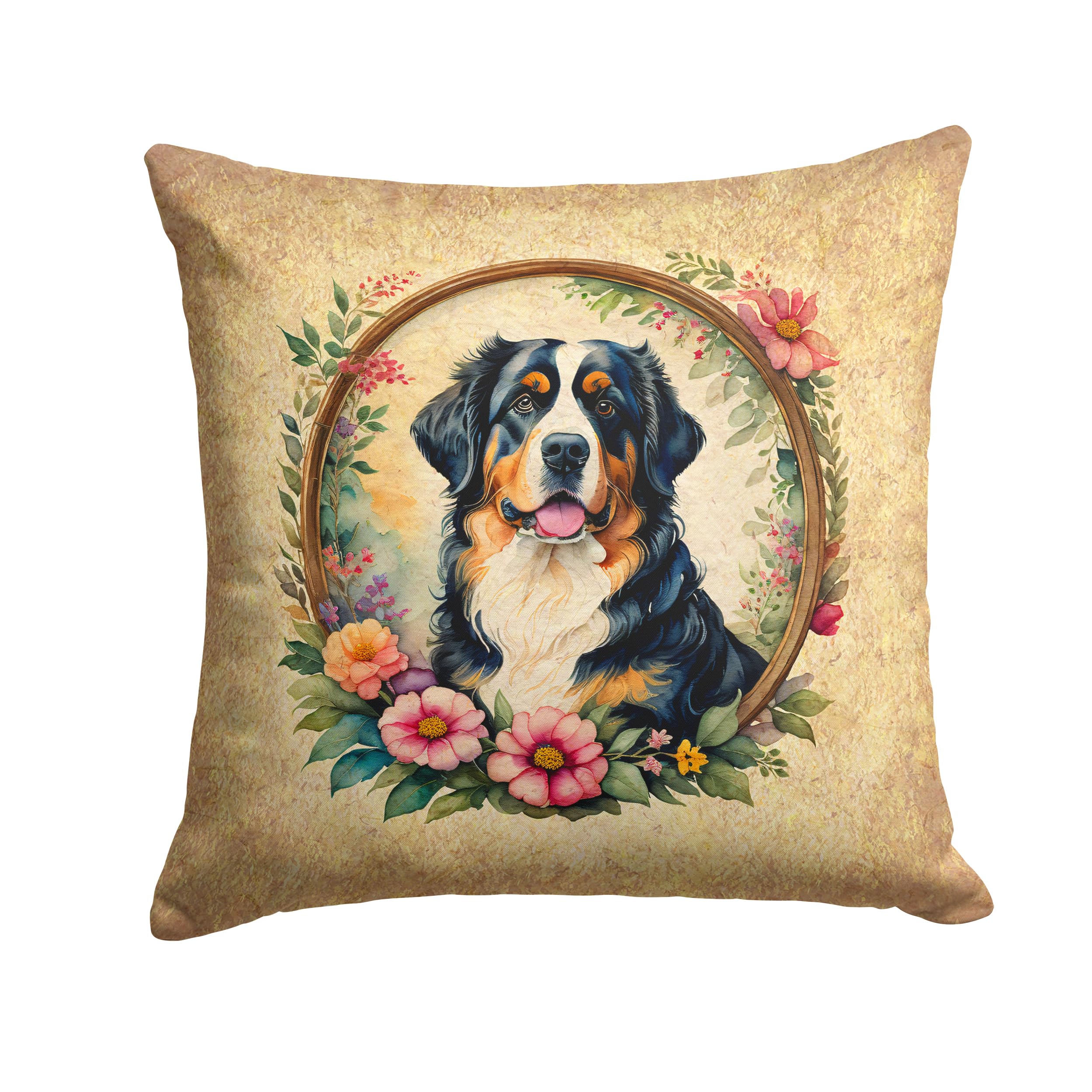 Bernese Mountain Dog And Flowers Throw Pillow