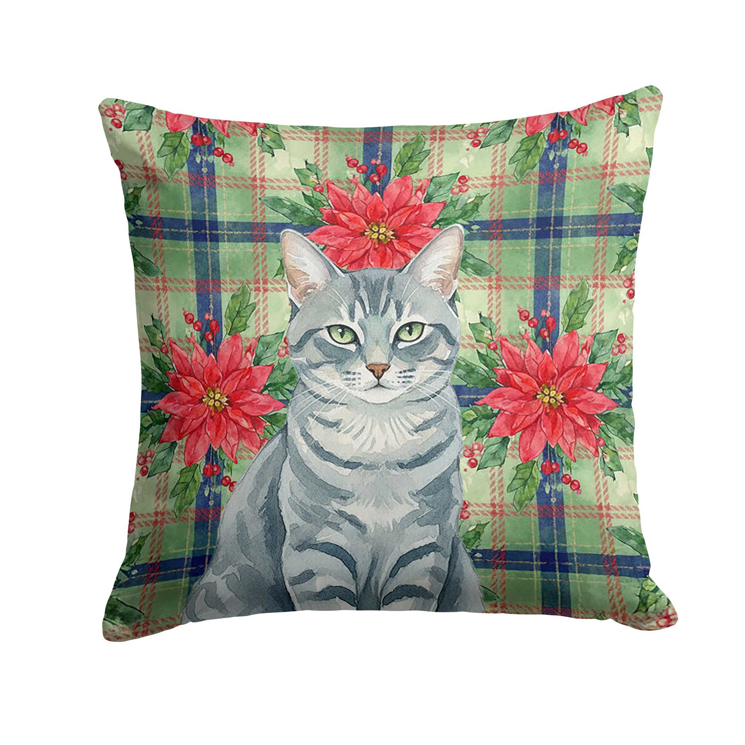 Carolines Treasures Gray Mackerel Tabby Cat with Poinsettias Throw Pillow Decorative Indoor Outdoor Accent Cushion for Couch, Bed or Patio, 14Hx14W